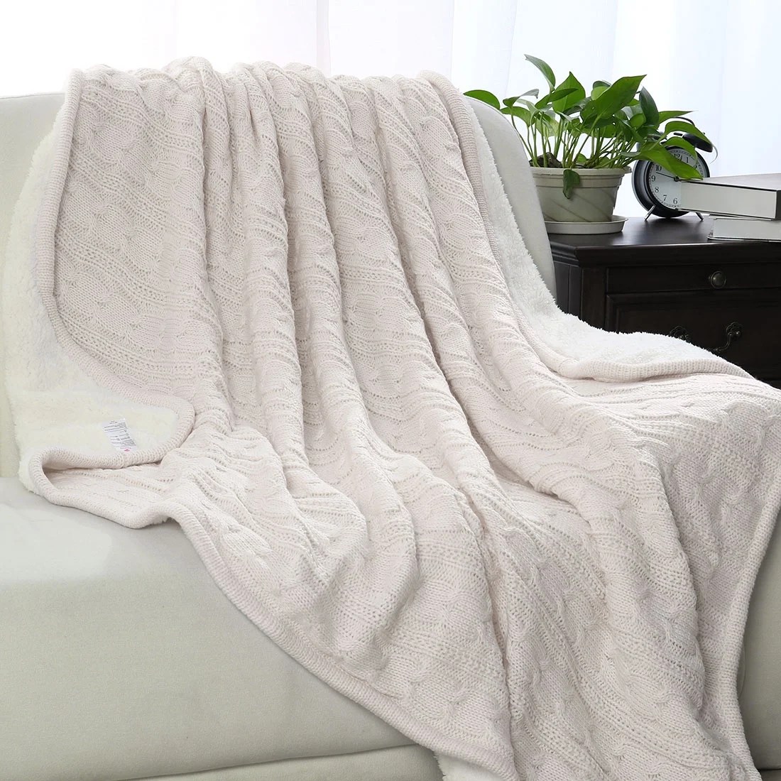 Cable Knit Reversible Fleece Throw Blanket, 50"x60", White Walmart