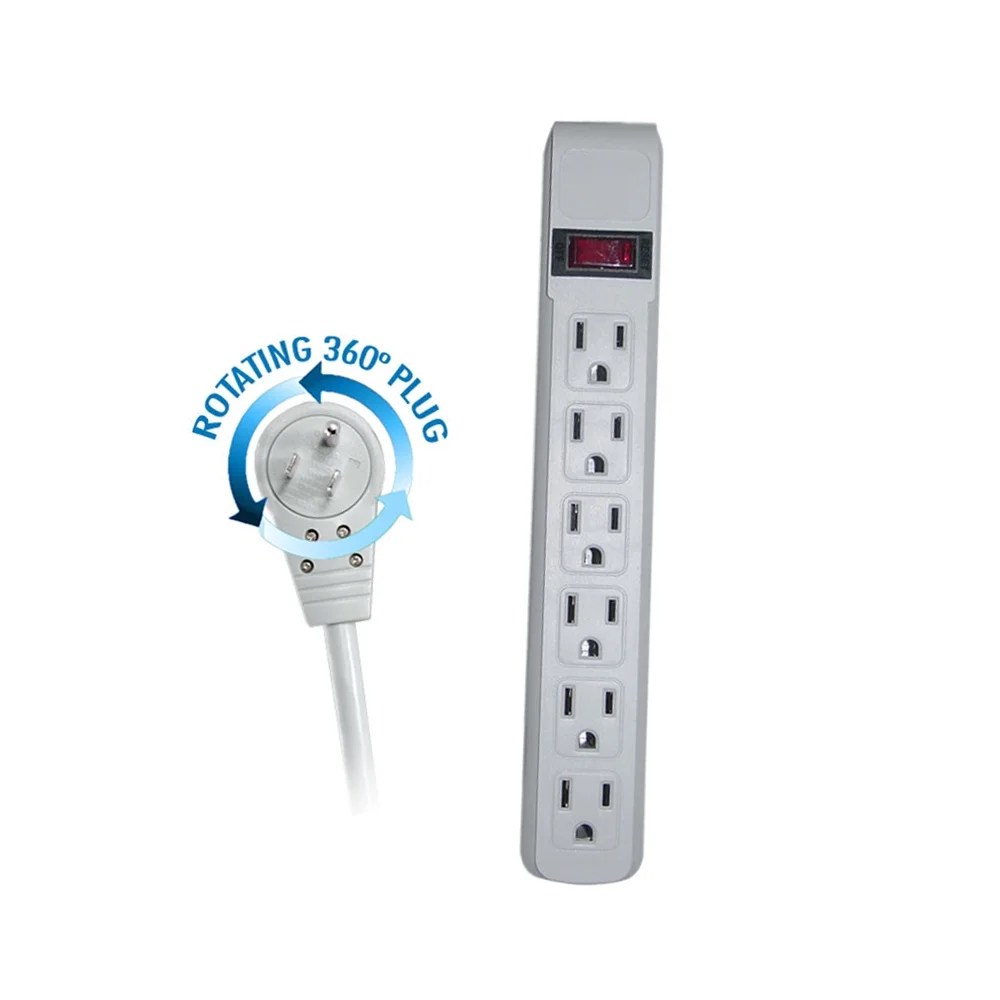 eDragon Surge Protector, Flat Rotating Plug, 6 Outlet, Gray Horizontal Outlets, Plastic, Power