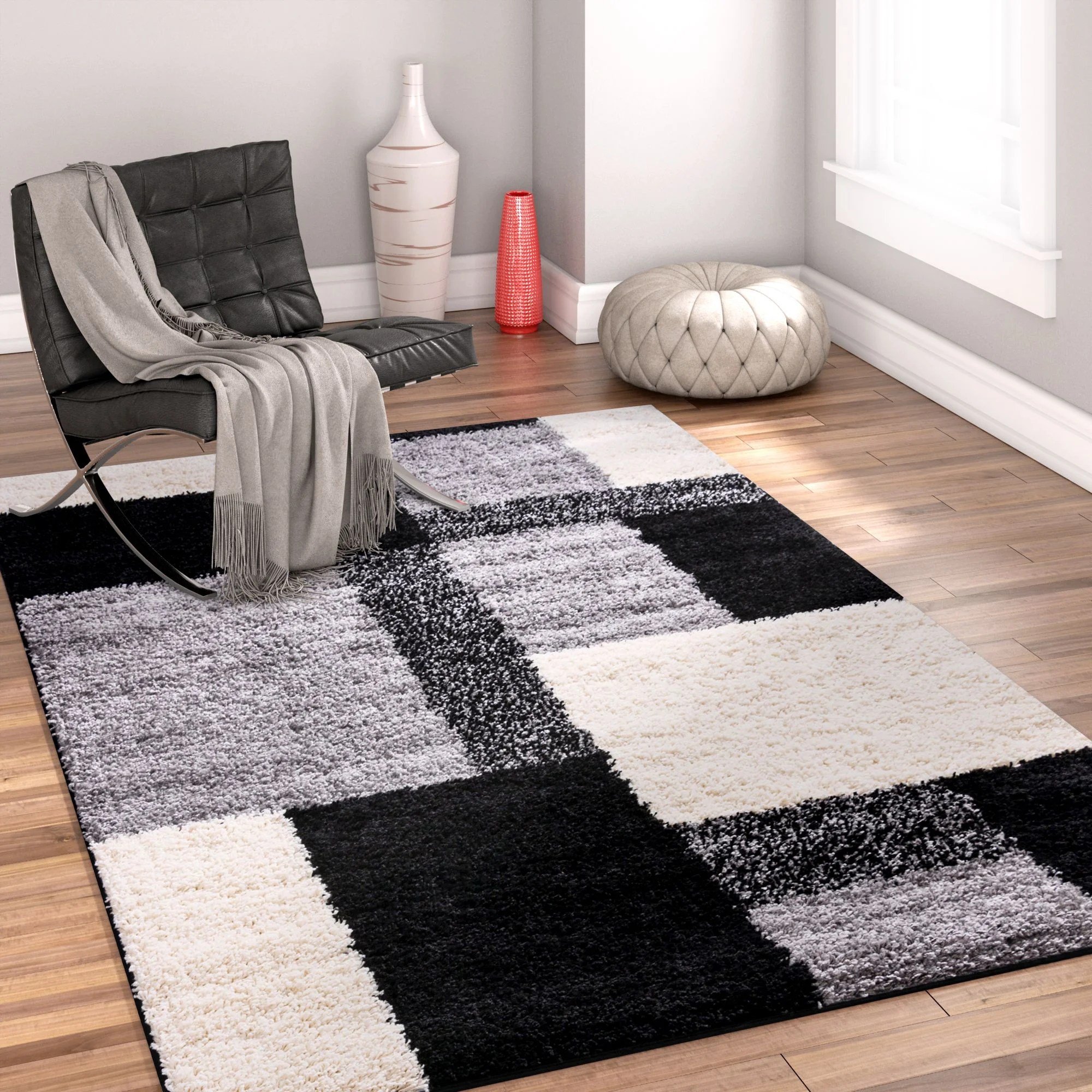 Modern Shag Geometric 5x7 ( 5' x 7'2'' ) Area Rug Cubes Black & Cream