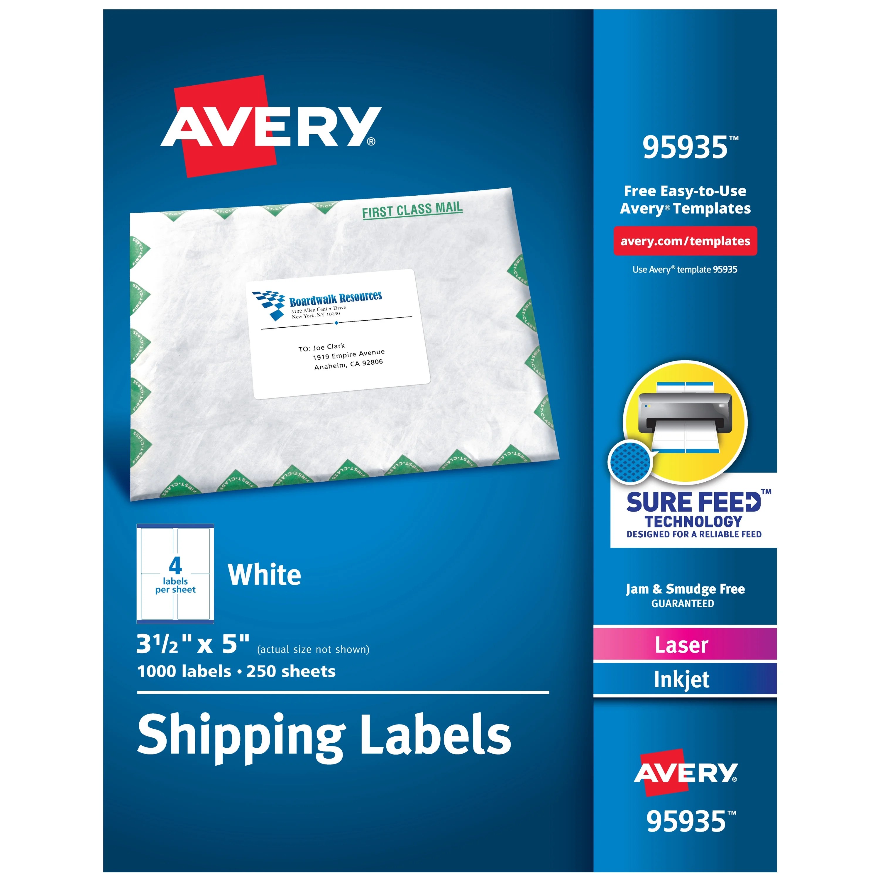 Avery Shipping Labels, Sure Feed, 31/2” x 5”, 1,000 Labels (95935