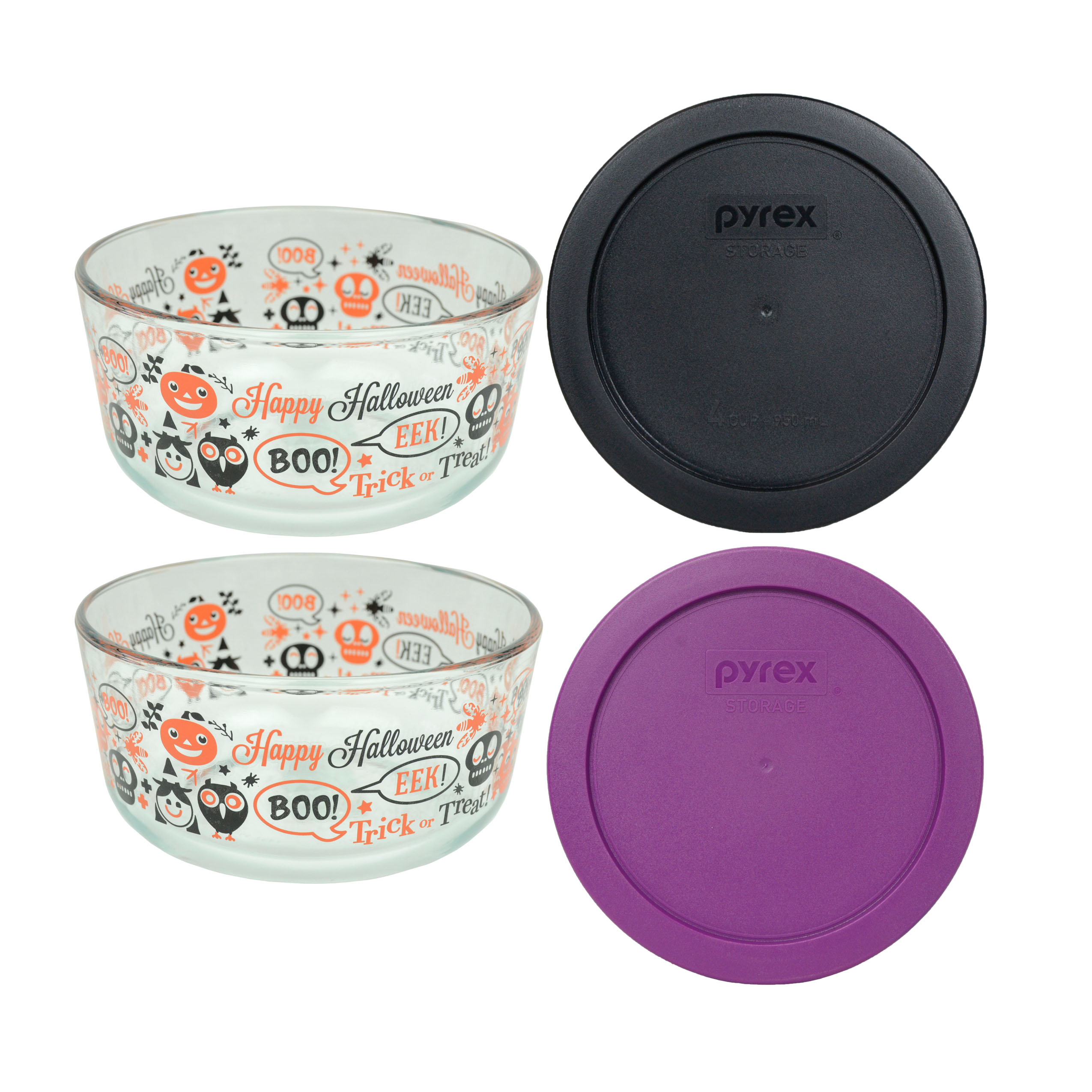 Pyrex 7201 4Cup Spooky Fun Glass Bowls w/ 7201PC Black and Thistle