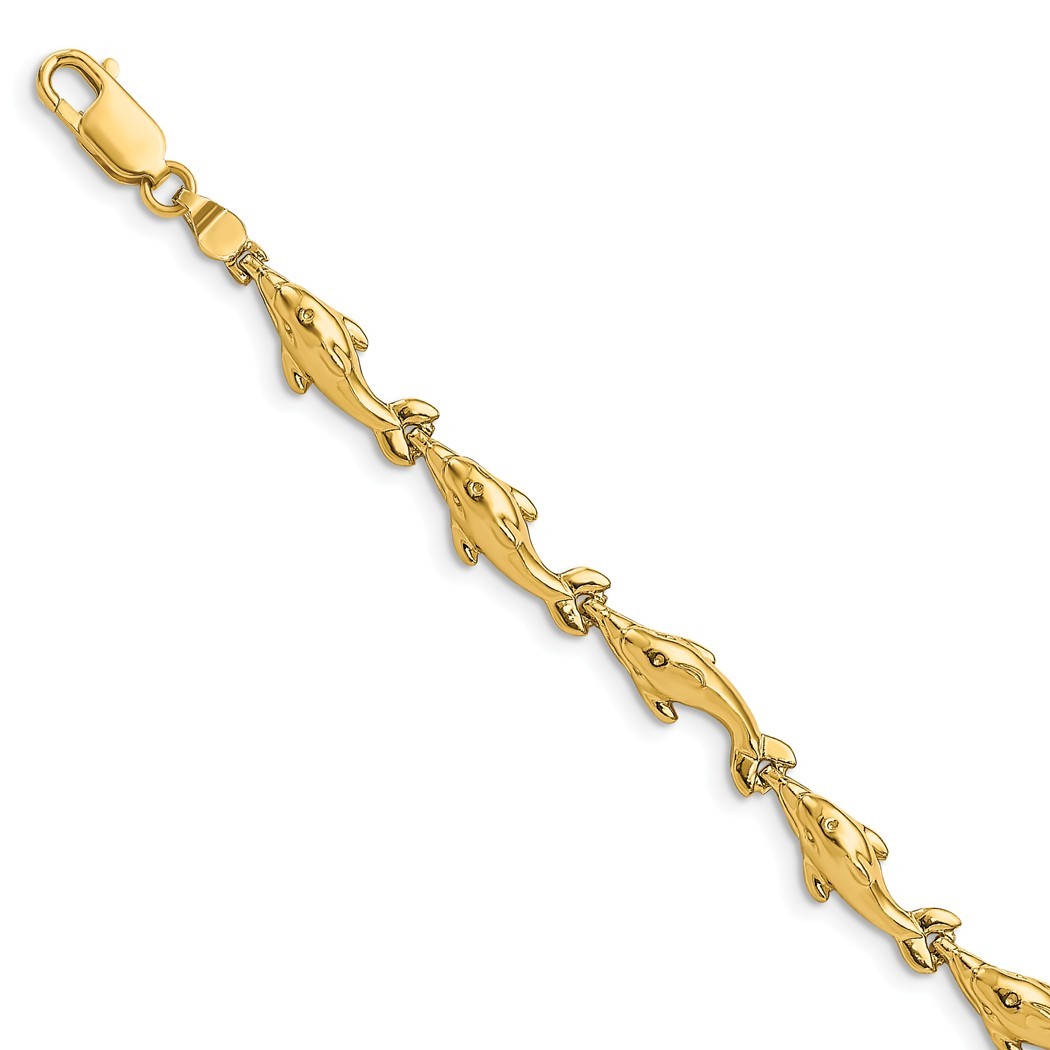 JewelryWeb 14k Gold Dolphin Link Bracelet High Polish and 2 d 7.25