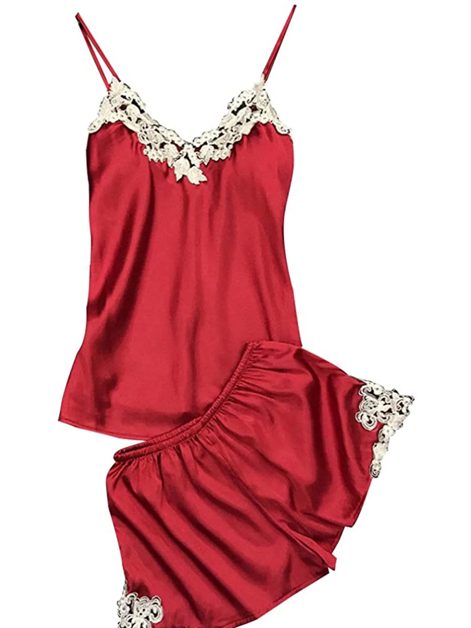 Ma&Baby Ma&Baby 2pcs Women Satin Lace Sleepwear Babydoll Lingerie