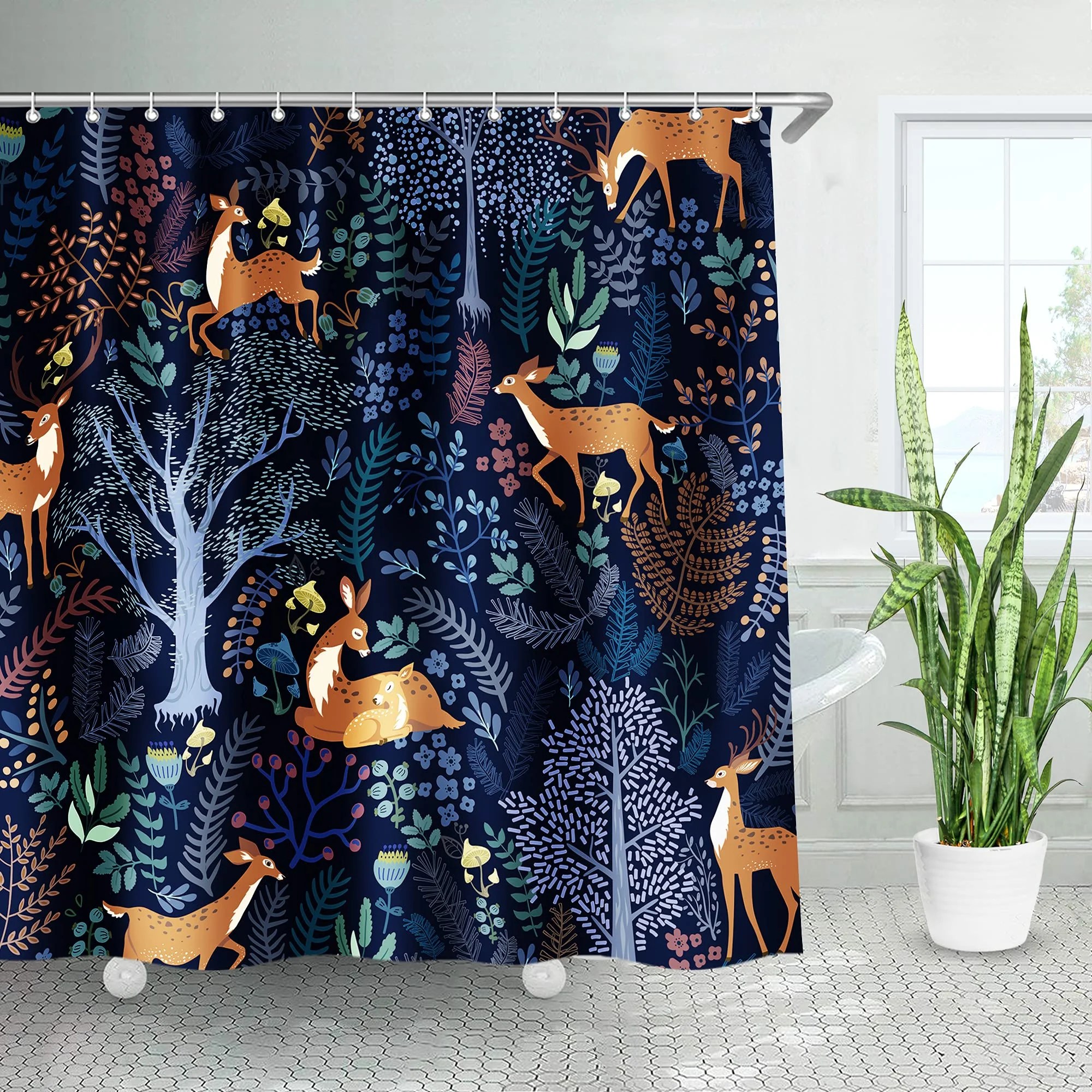 Woodland Shower Curtain Country Lodge Cabin Forest Animal Bath Curtain