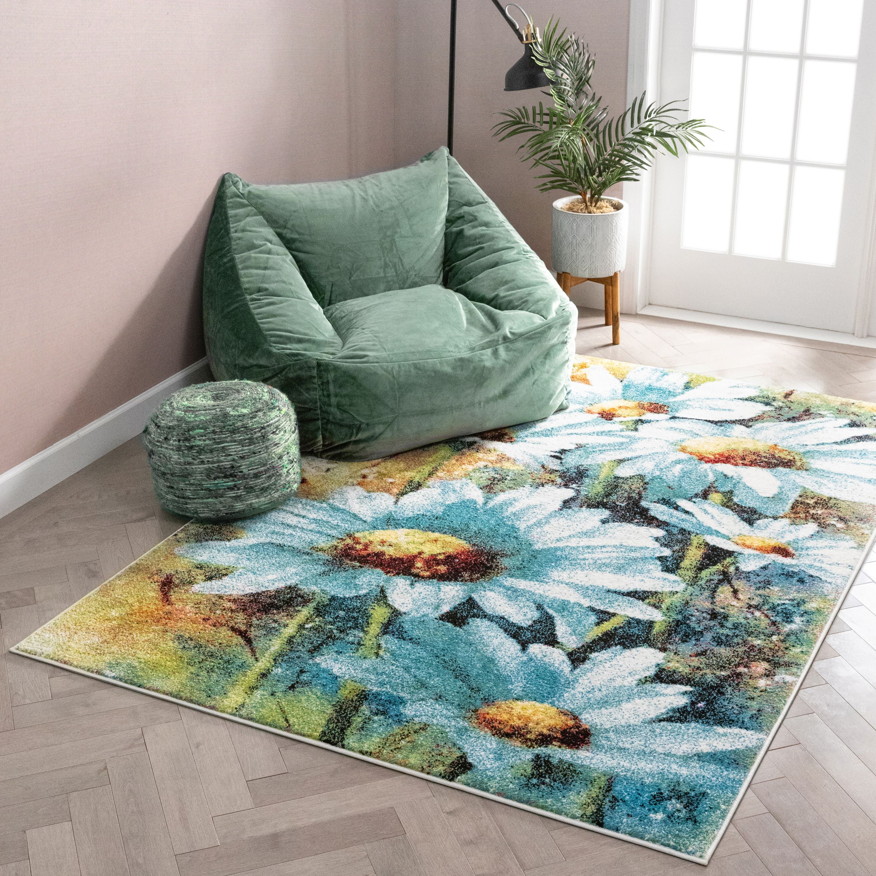 Well Woven Bliss Blue & Green Modern Floral 5x7 (5'3" x 7'3") Area Rug