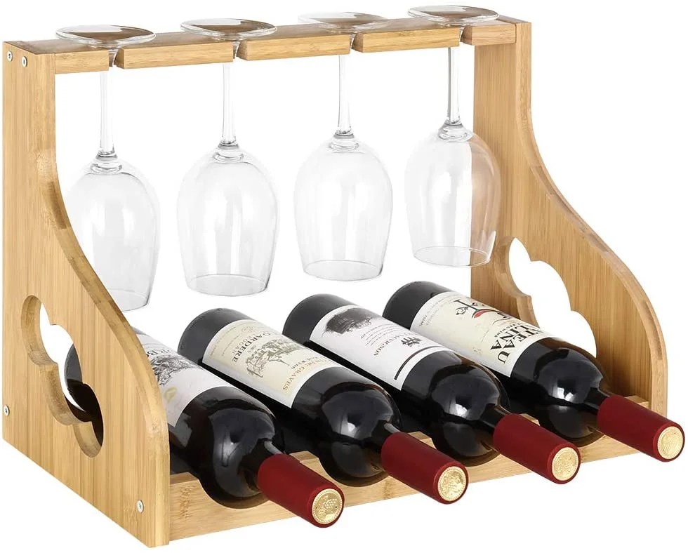 Wine Rack Countertop, Tabletop Bamboo Wine Holder, Hold 4 Bottles & 4 Glasses for Home Kitchen