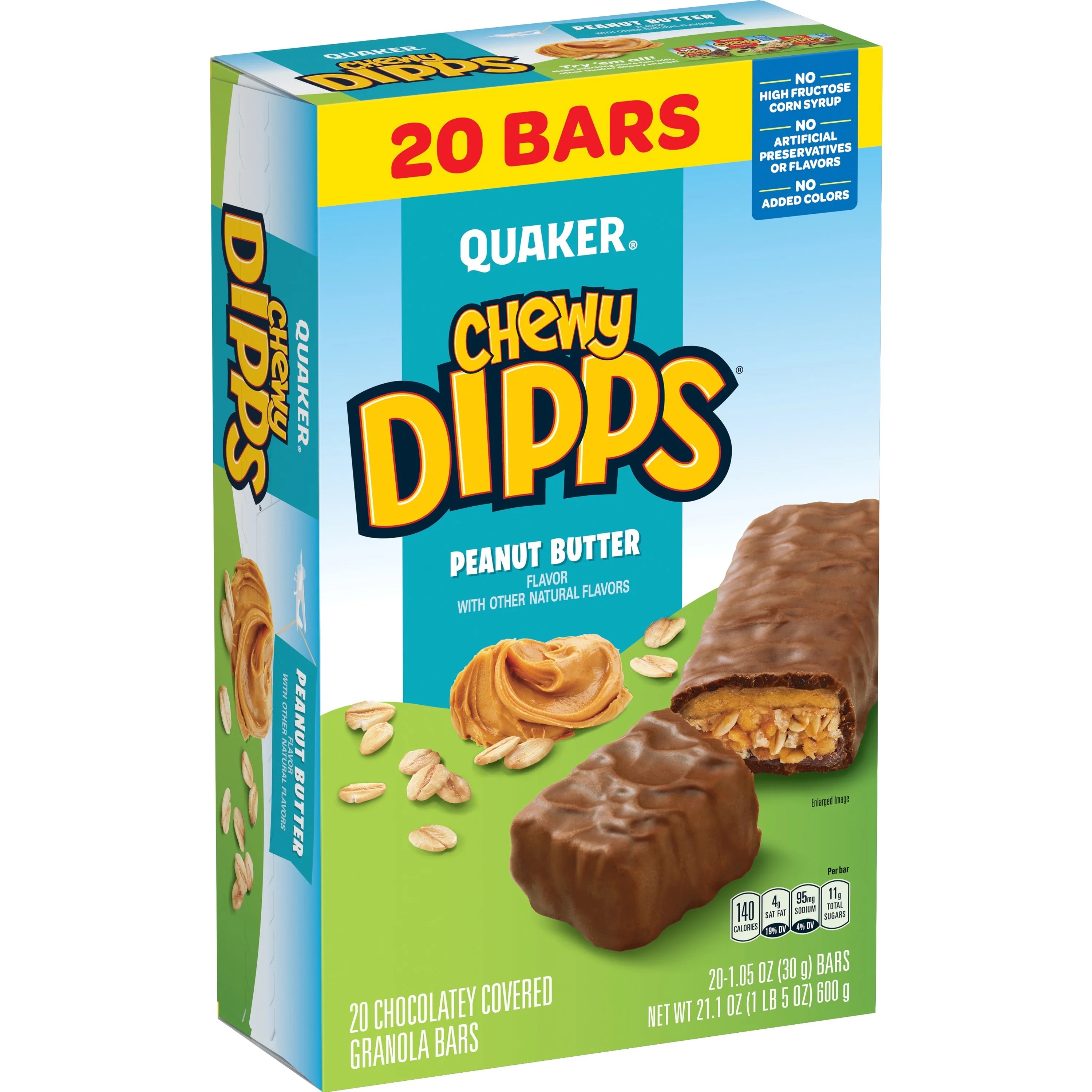 Quaker Chewy Dipps Peanut Butter Granola Bars, 20 Count, 1.05 oz Bars
