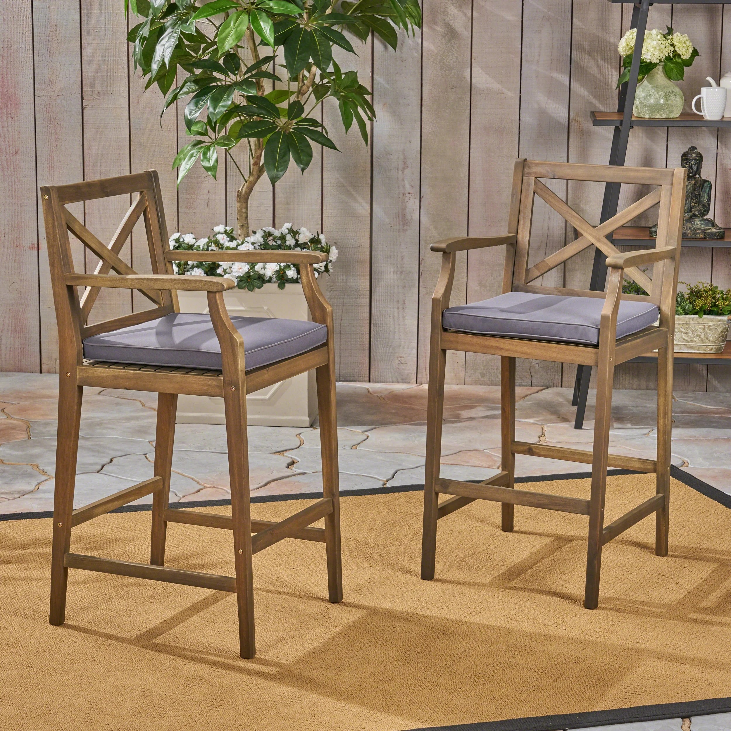 Danielle Outdoor Acacia Wood Bar Stools with Cushions, Set of 2, Gray