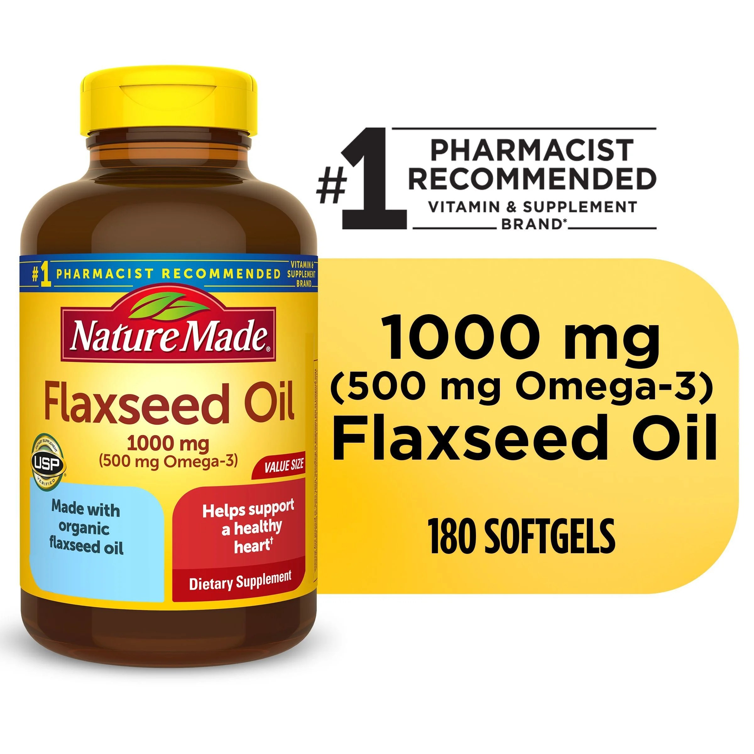 Nature Made Flaxseed Oil 1000 mg Softgels, Dietary Supplement, 180 Count