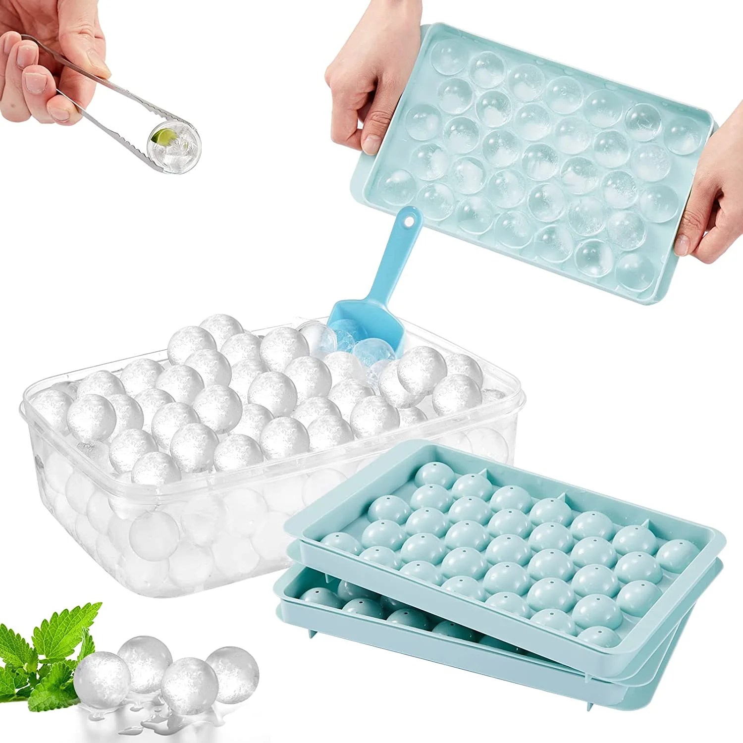 Ice Cube Tray, Circle Ball Ice Trays for Freezer with Lid & Bin, Sphere