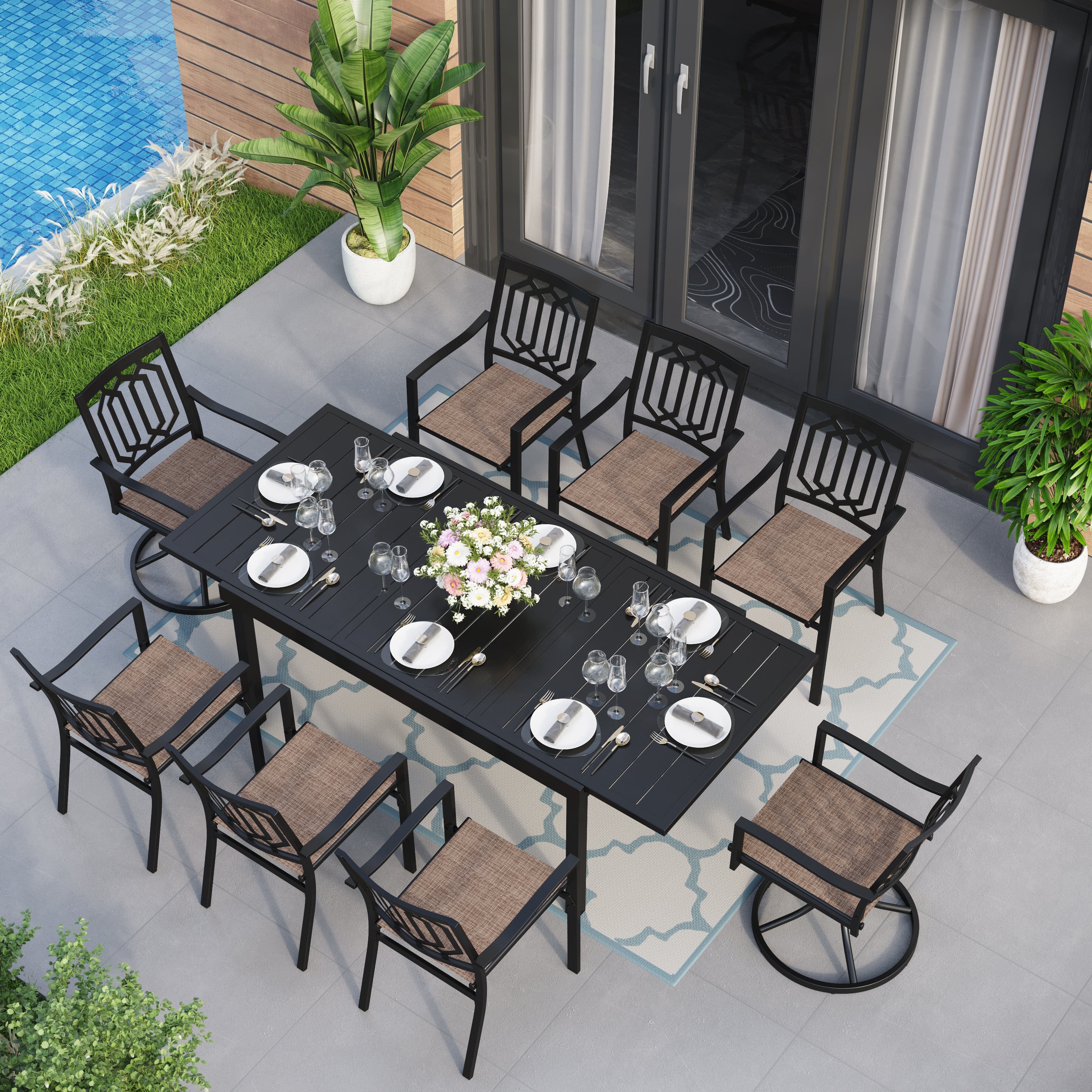 MakeYourDay 9piece Patio Set 8 Metal Textileneseat Chairs and 1 Extending Table 6 fixed chair