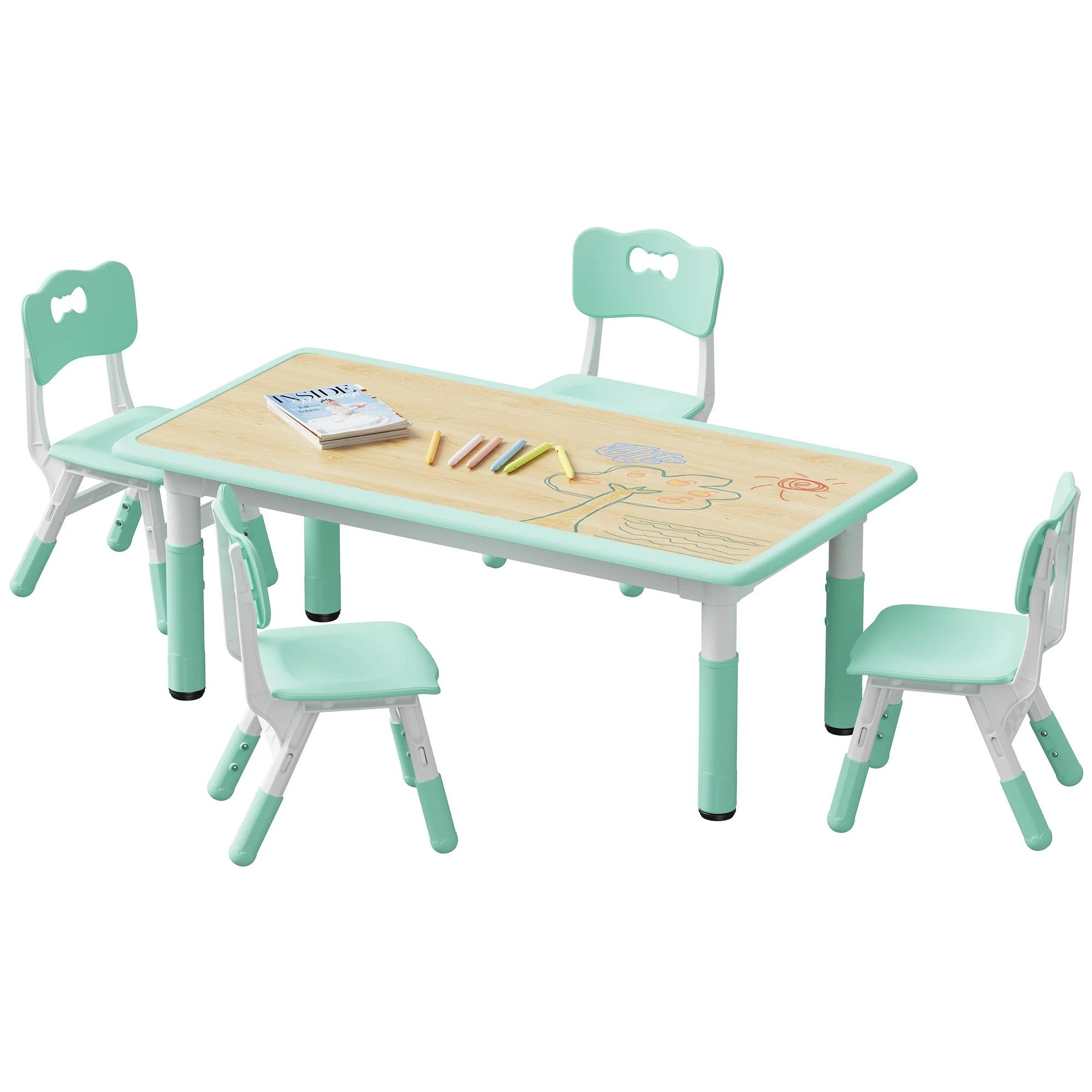 Brelley Kids Table and 4 Chairs Set Green, Height Adjustable, Suit for