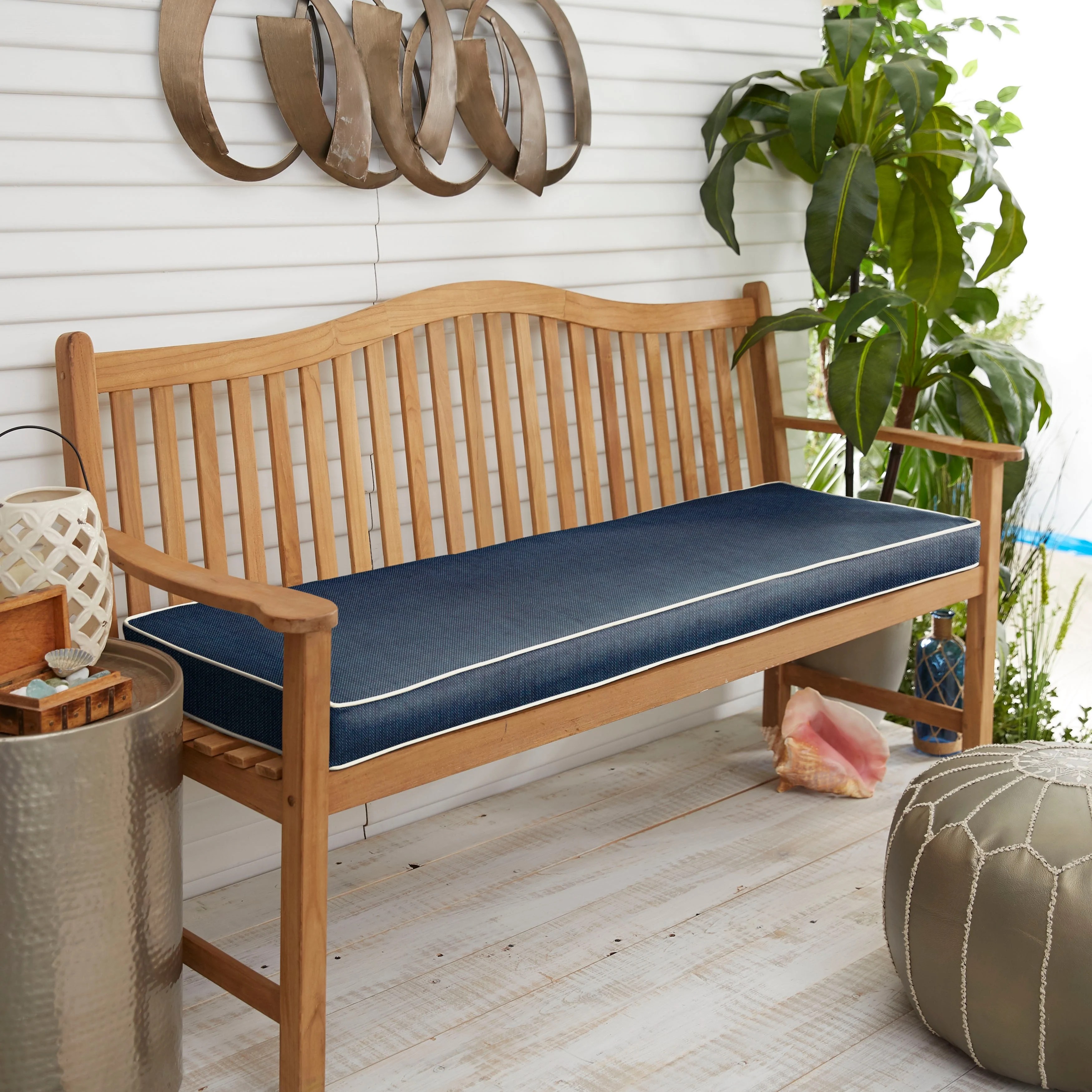 Humble and Haute Sunbrella Indigo Blue with Ivory Indoor/ Outdoor Bench