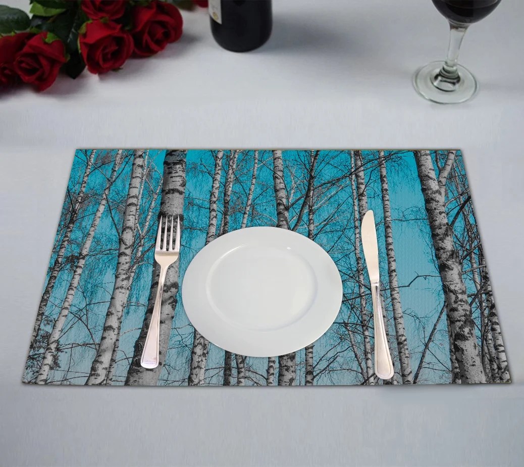 YKCG The Slender Trunks of Birch Tree Blue Sky Forest Placemats Size