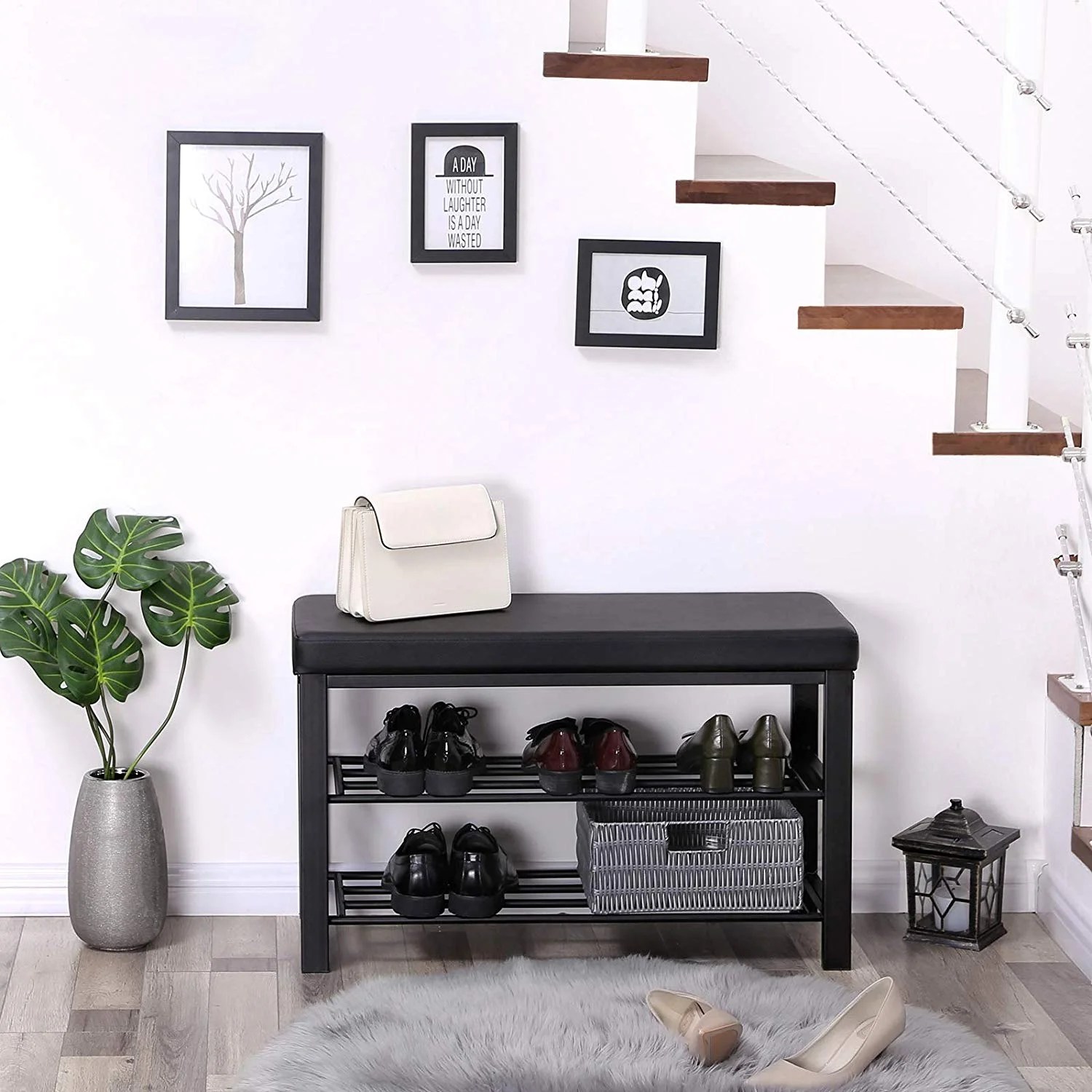 32" Metal Shoe Bench 2Tier Shoe Rack Entryway Shoe Storage Organizer
