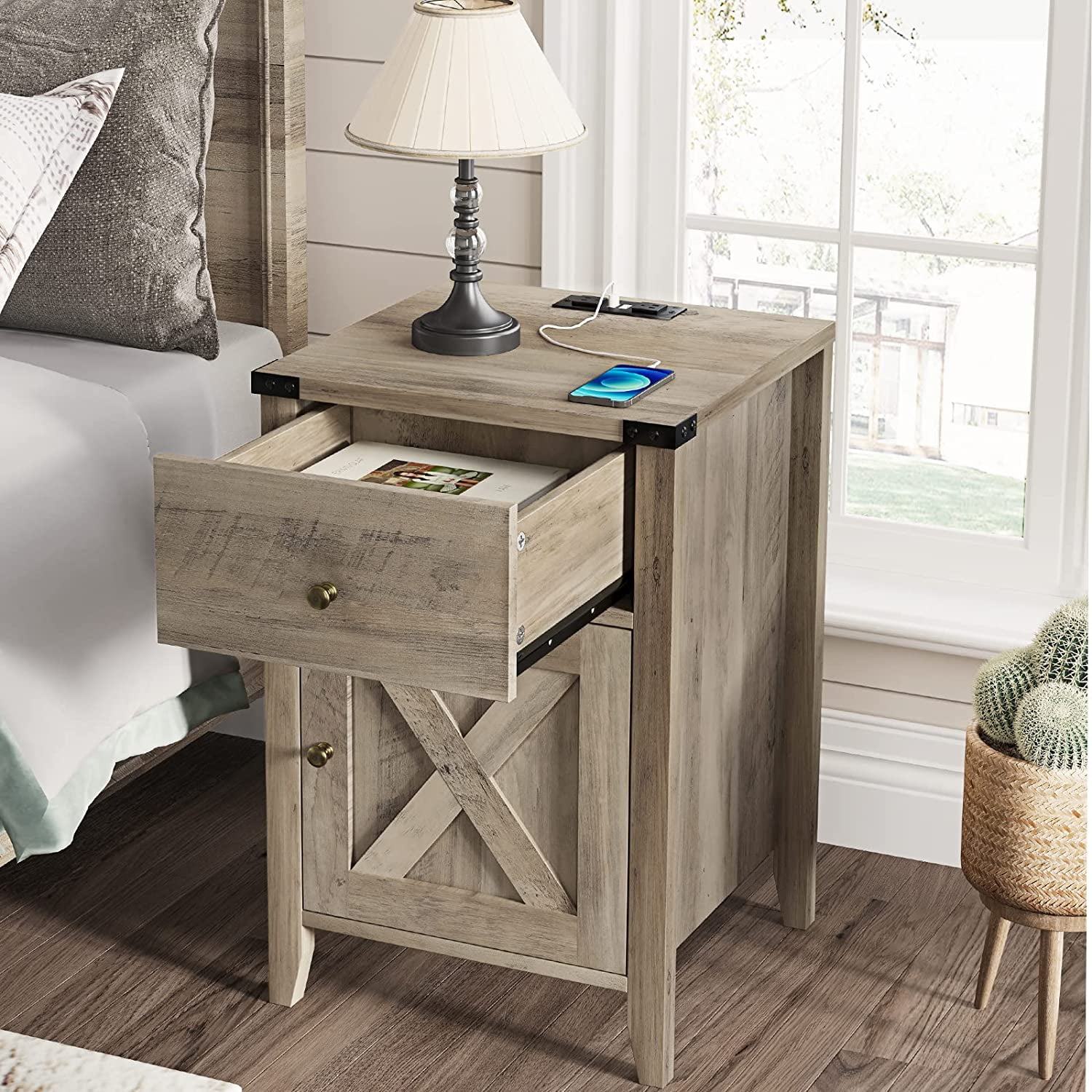 Nightstand with Charging Station for Bedroom, Farmhouse End Table with