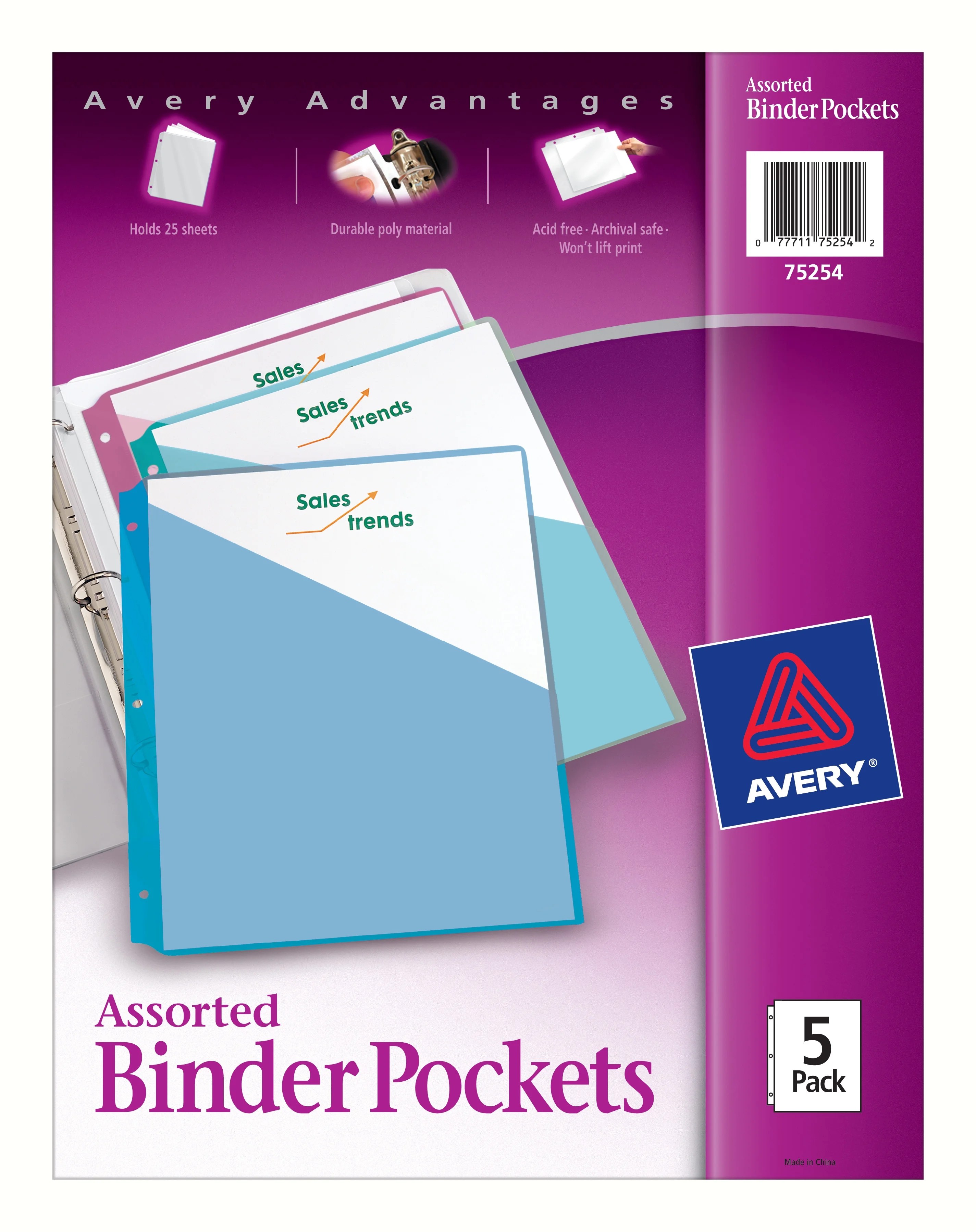 Avery Binder Pocket Dividers, ThreeHole Punched, 5 Assorted Colors