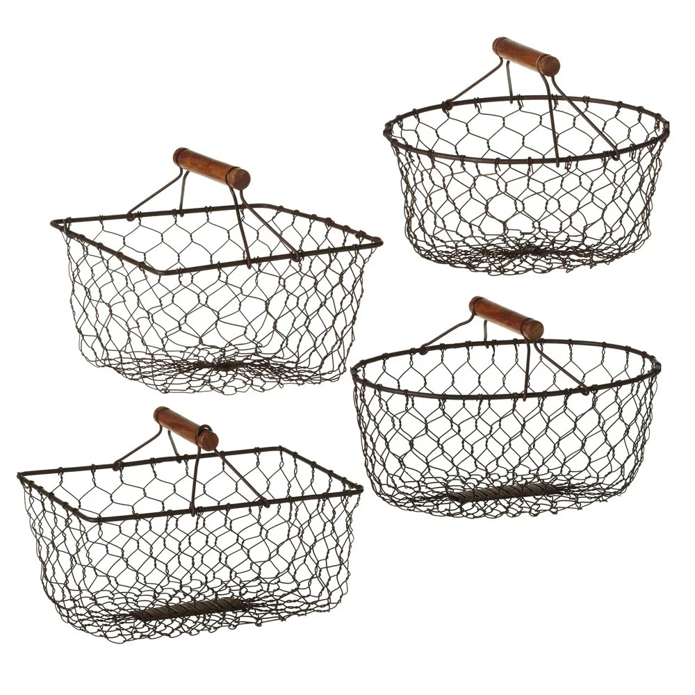 Set of 2 Black Chicken Wire Mini Baskets with Dark Brown Handle 11