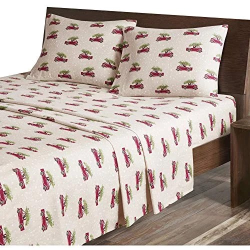 Woolrich Flannel Queen Bed Sheets, Lodge/Cabin Tan Cars Bed Sheet, Bed