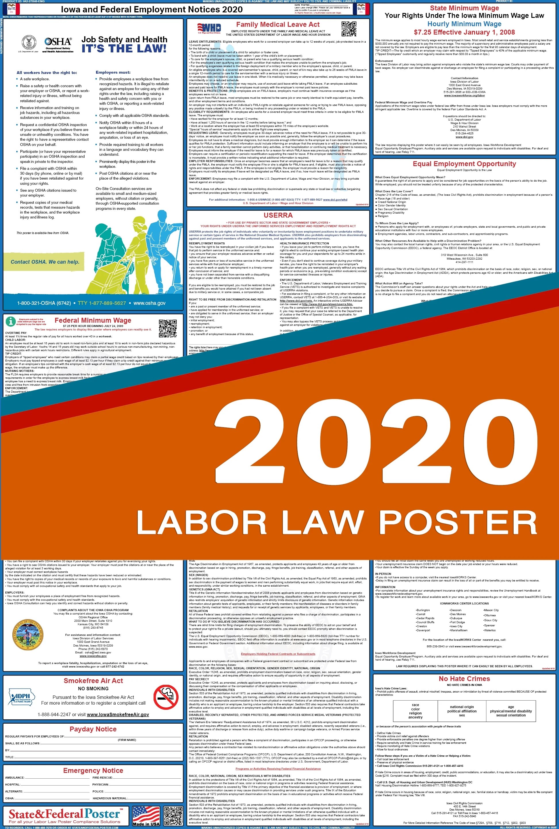 2020 Iowa State and Federal Labor Law Poster (Laminated)