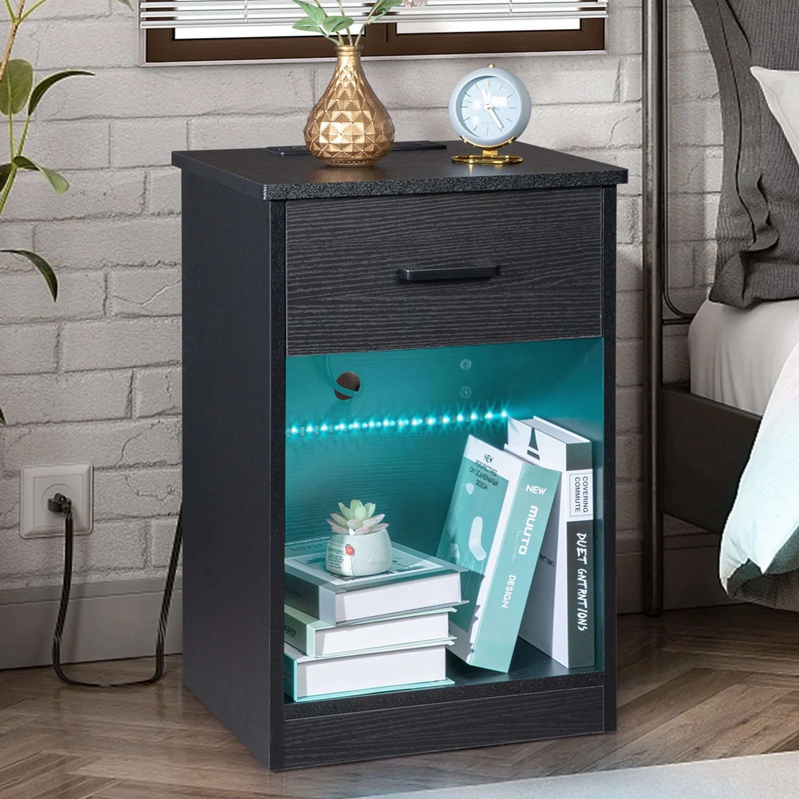 UWRNite Nightstand with Charging Station, Night Stand with 1 Drawer and Open Storage, Modern