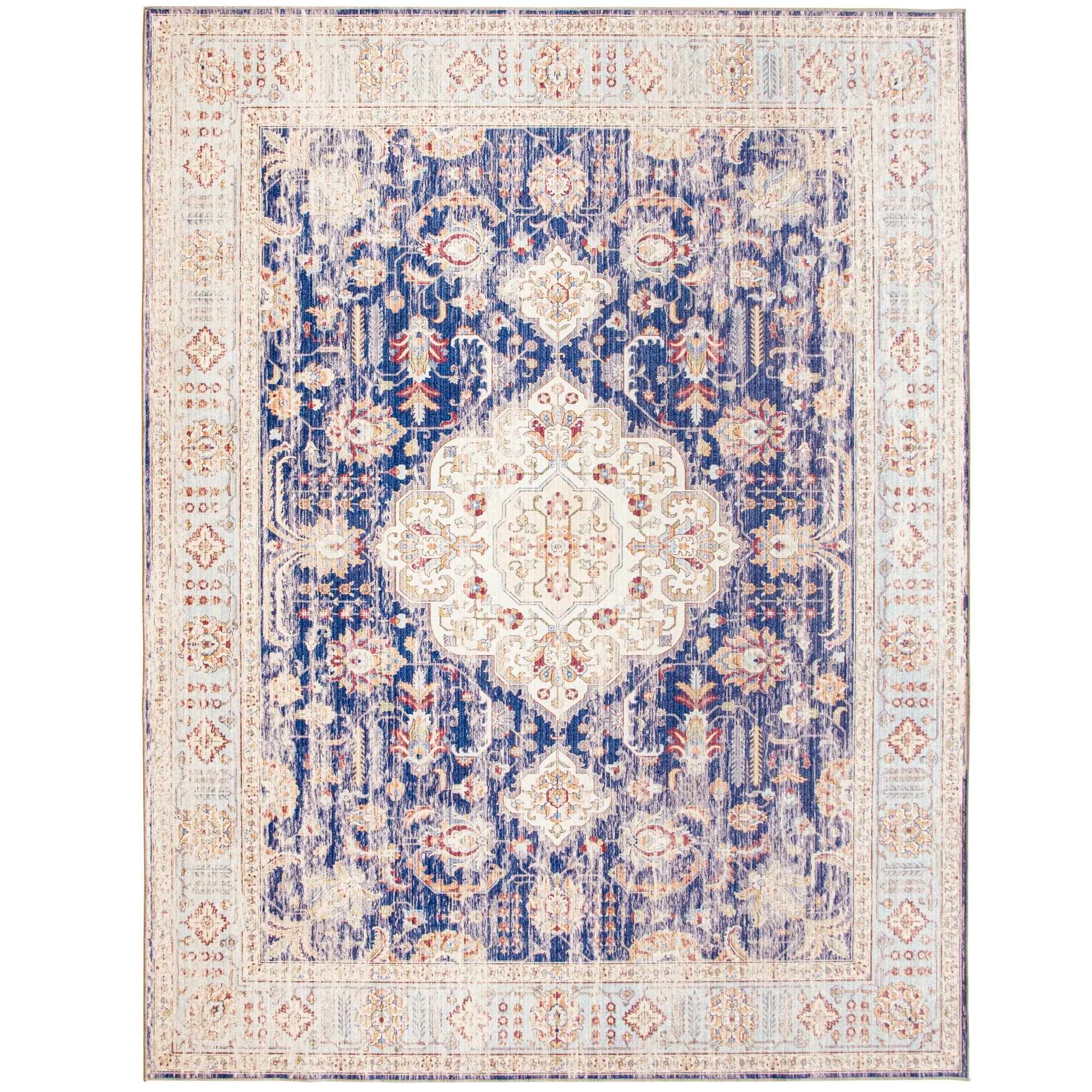 ReaLife Rugs Machine Washable Printed Persian Distressed Medallion Blue Ecofriendly Recycled