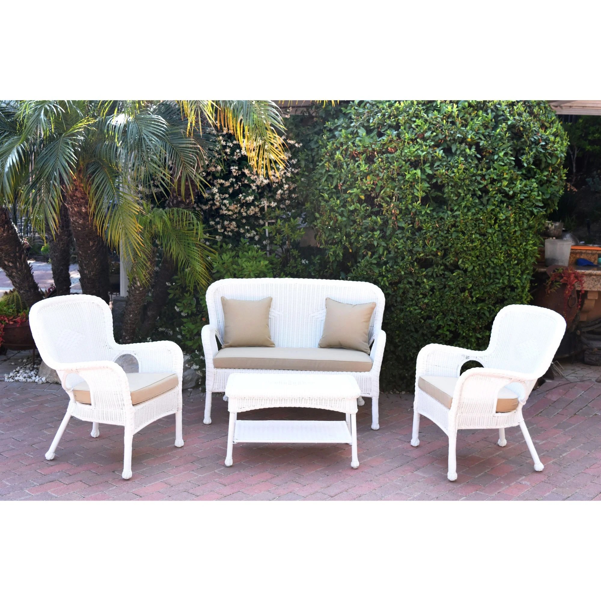 4Piece White Wicker Outdoor Furniture Patio Conversation Set Tan