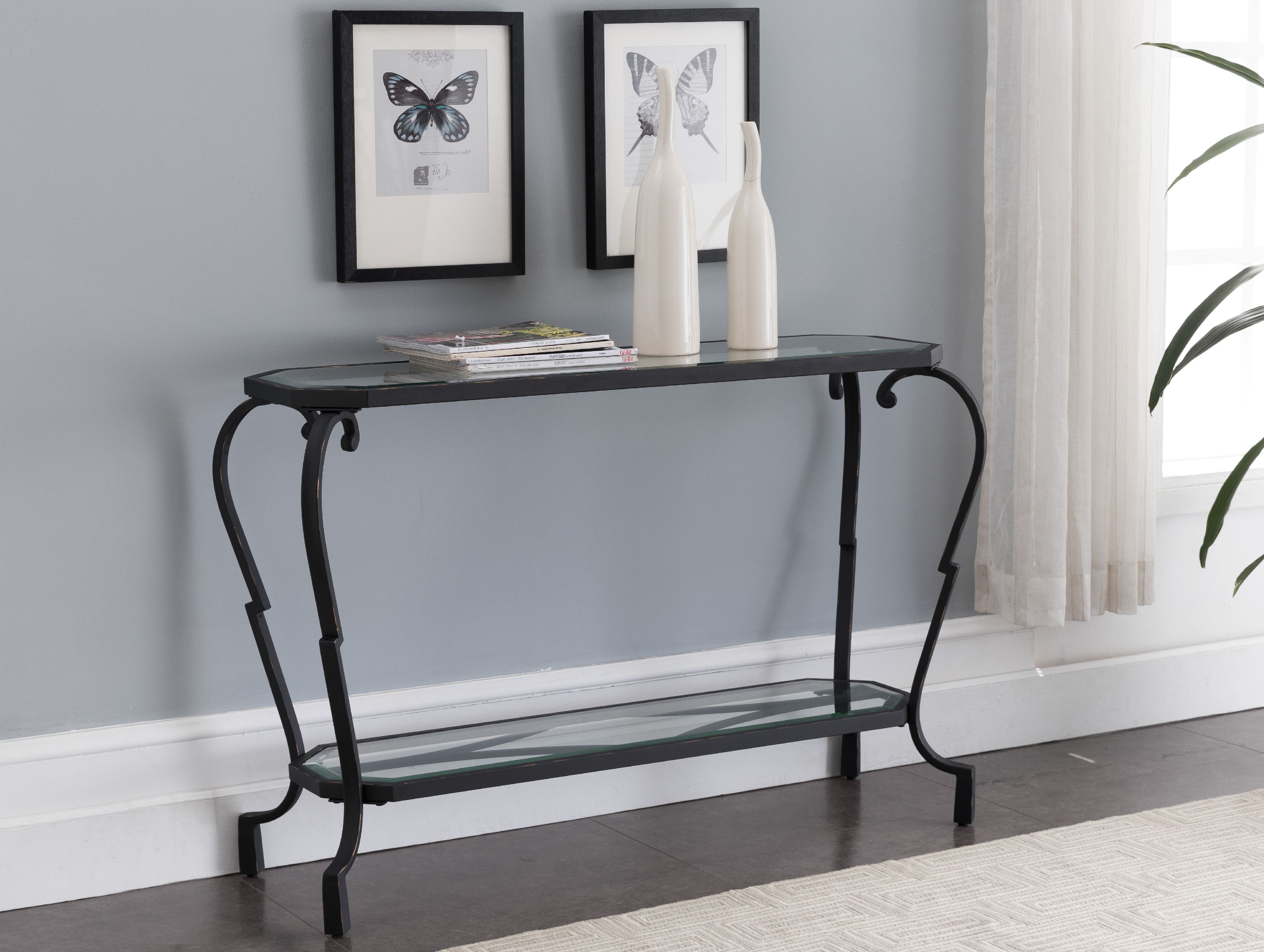 Jordan Modern Entryway Console Table, Textured Black & Brushed Copper Metal