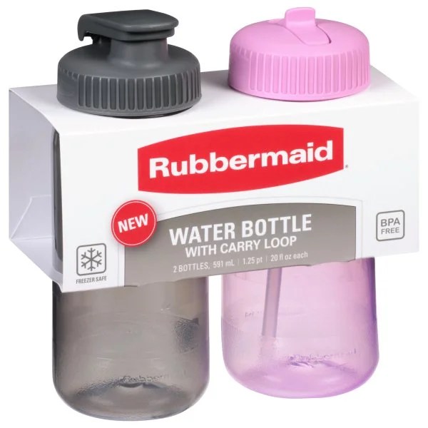 Rubbermaid Essentials 20oz. Water Bottle with Chug and Straw Lid, 2Pack, Cool Gray and Orchid