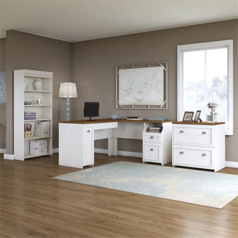 Fairview L Shaped Desk with Bookcase and Lateral File in White