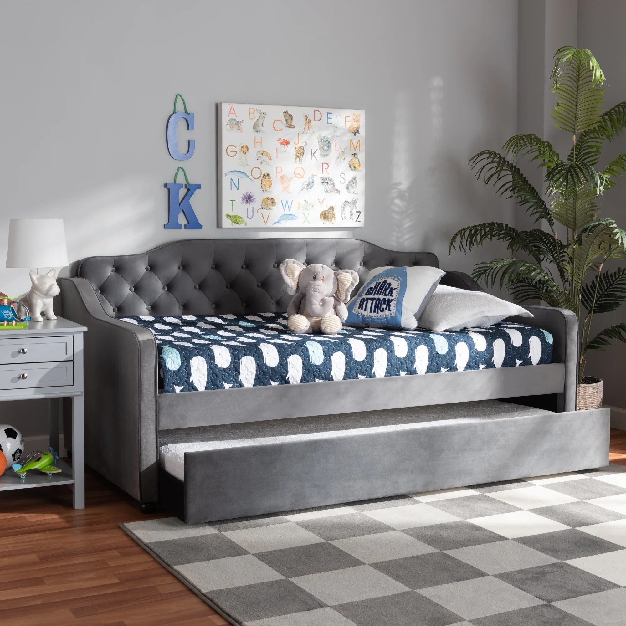 Baxton Studio Freda Button Tufted Twin Size Daybed with Trundle, Gray