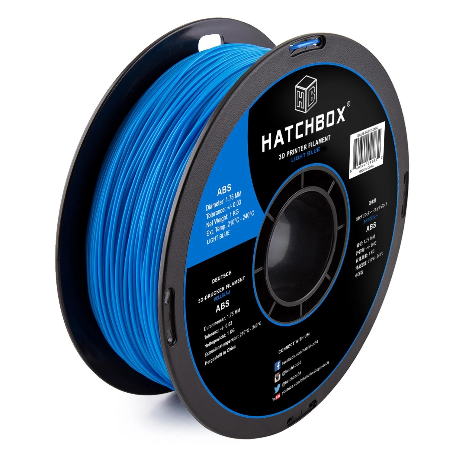 HATCHBOX ABS 1.75 mm 3D Printer Filament in Light Blue, 1kg Spool