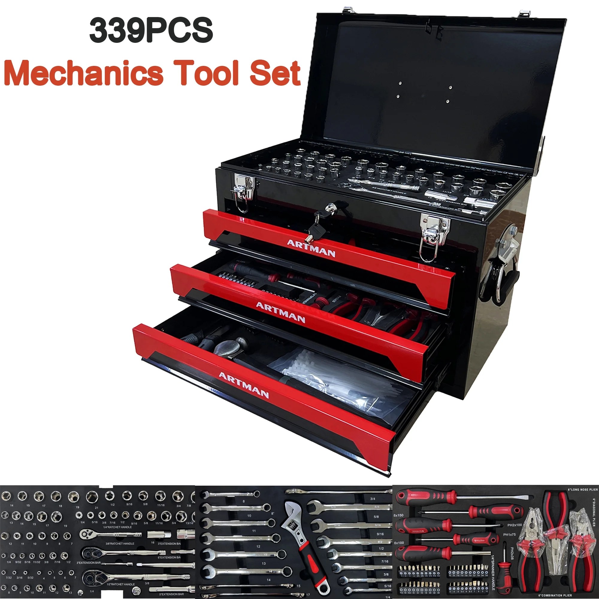 Mechanic Tool Set with Box Heavy Duty Tool Box Set with 3 Drawers, Professional Tool Kit Case