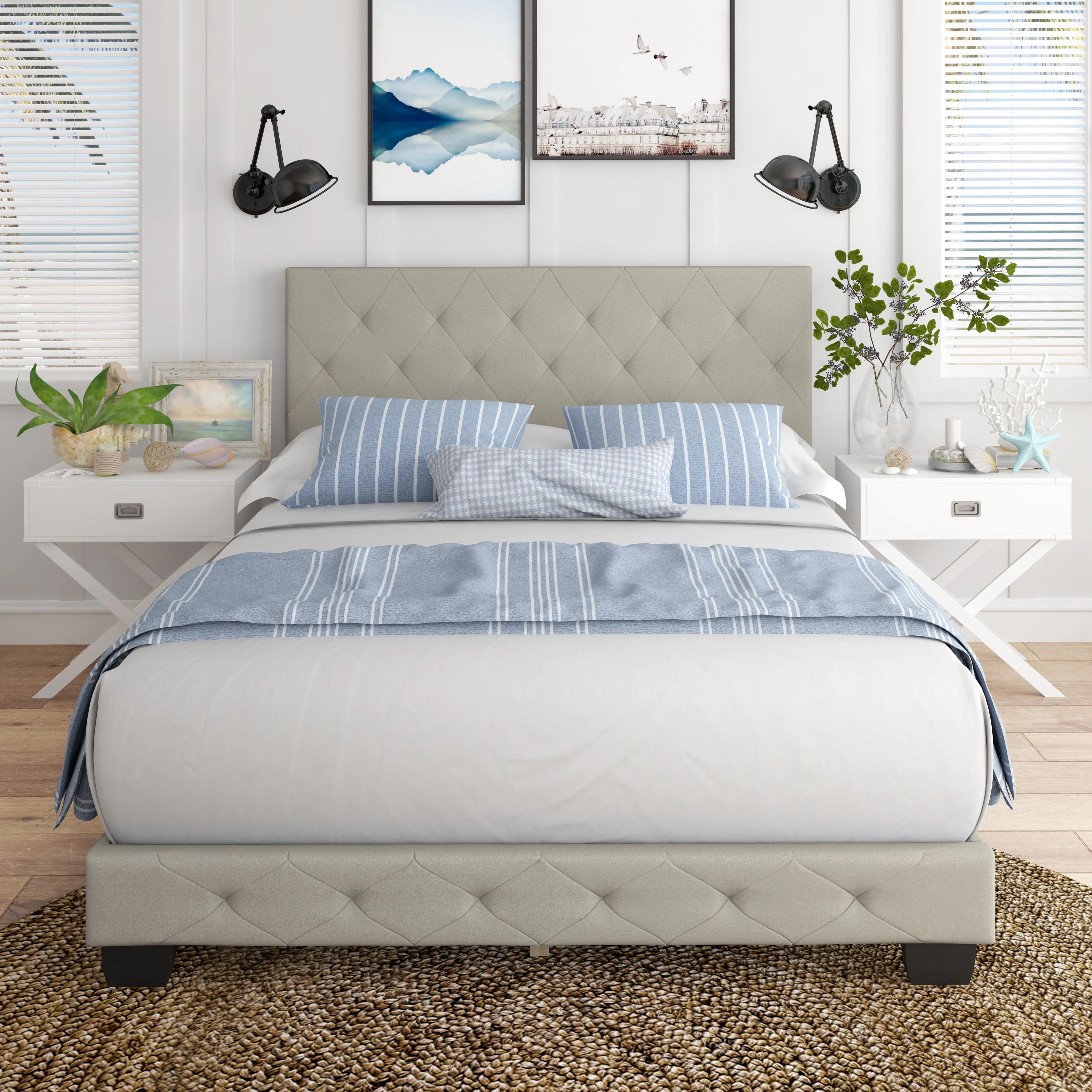 Premier Carina Linen Upholstered Platform Bed Frame, Beige, King