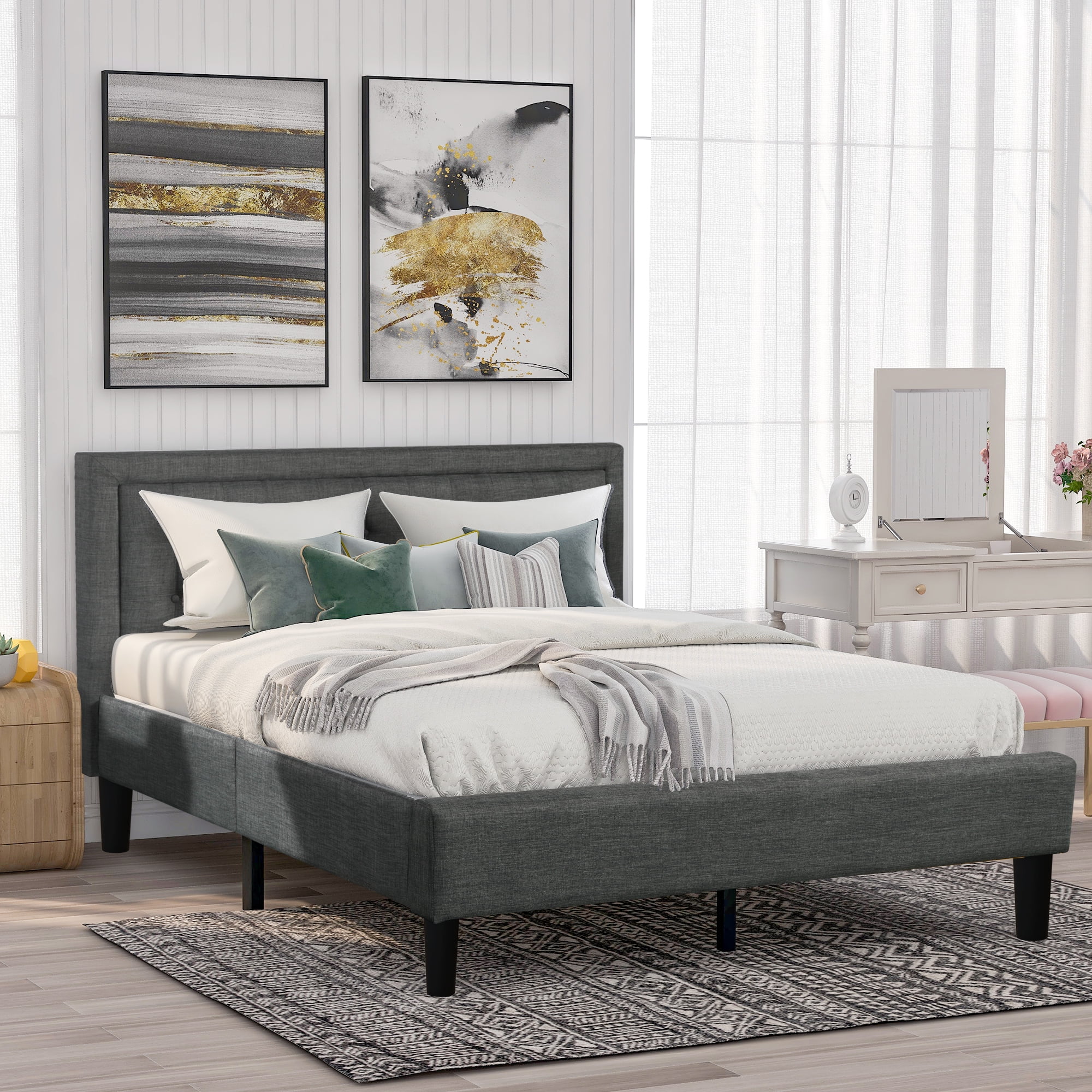 Modern Upholstered Platform Queen Bed Frame, Heavy Duty Queen Bed Frame