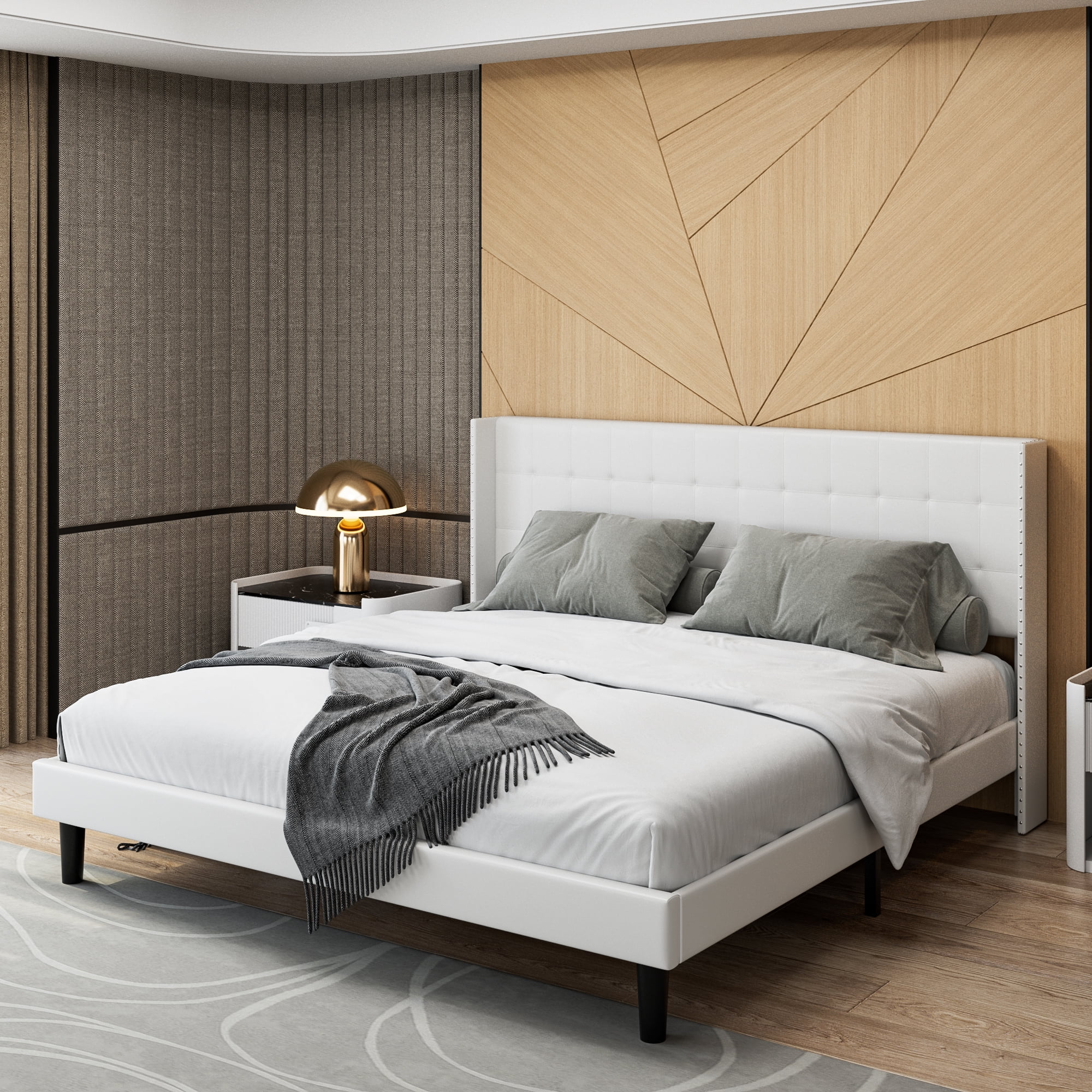 Homfa Queen Bed Frame, Modern Bed Frame with WingBack PU Leather