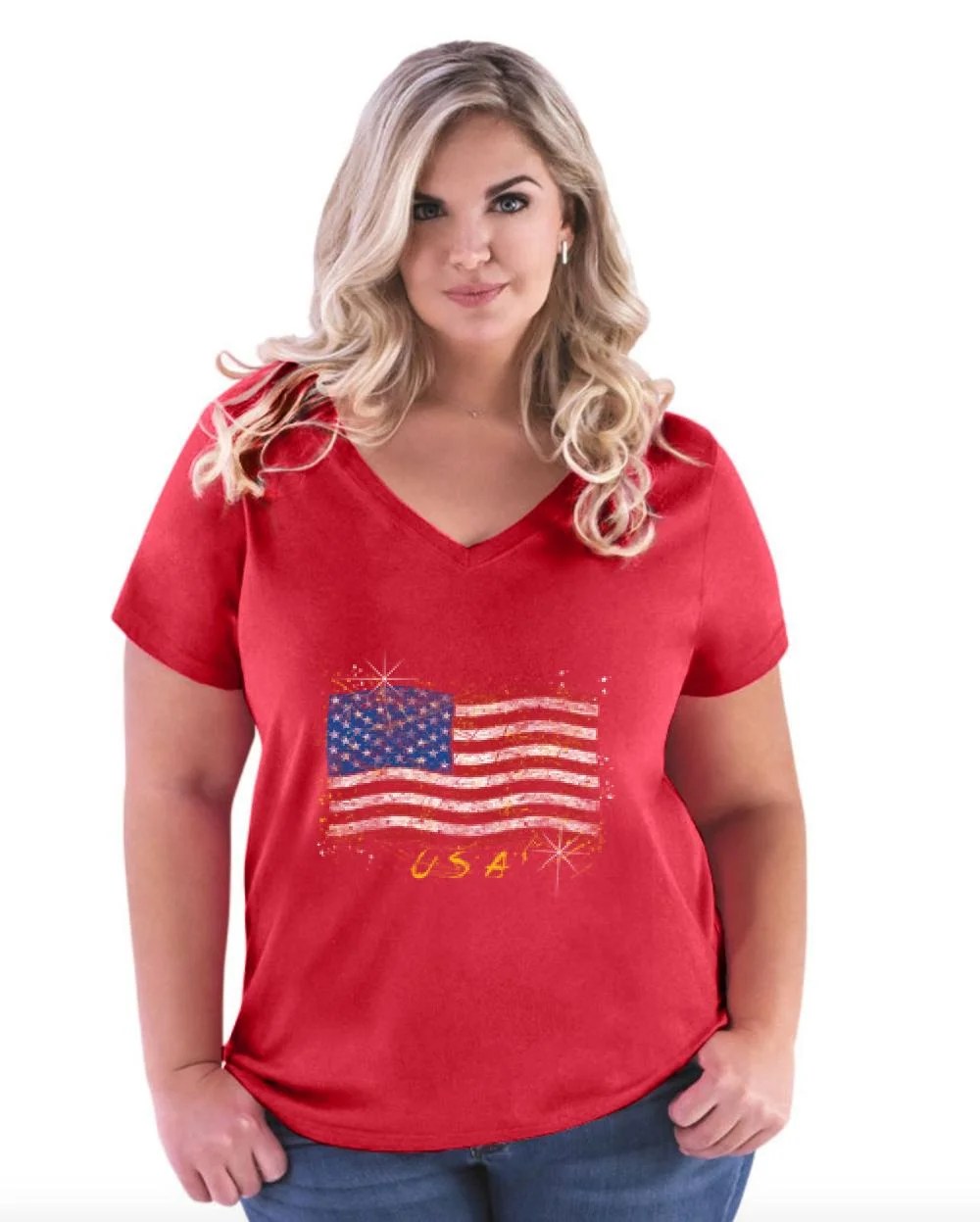 Artix Womens and Womens Plus Size American Flag USA in Gold Curvy V