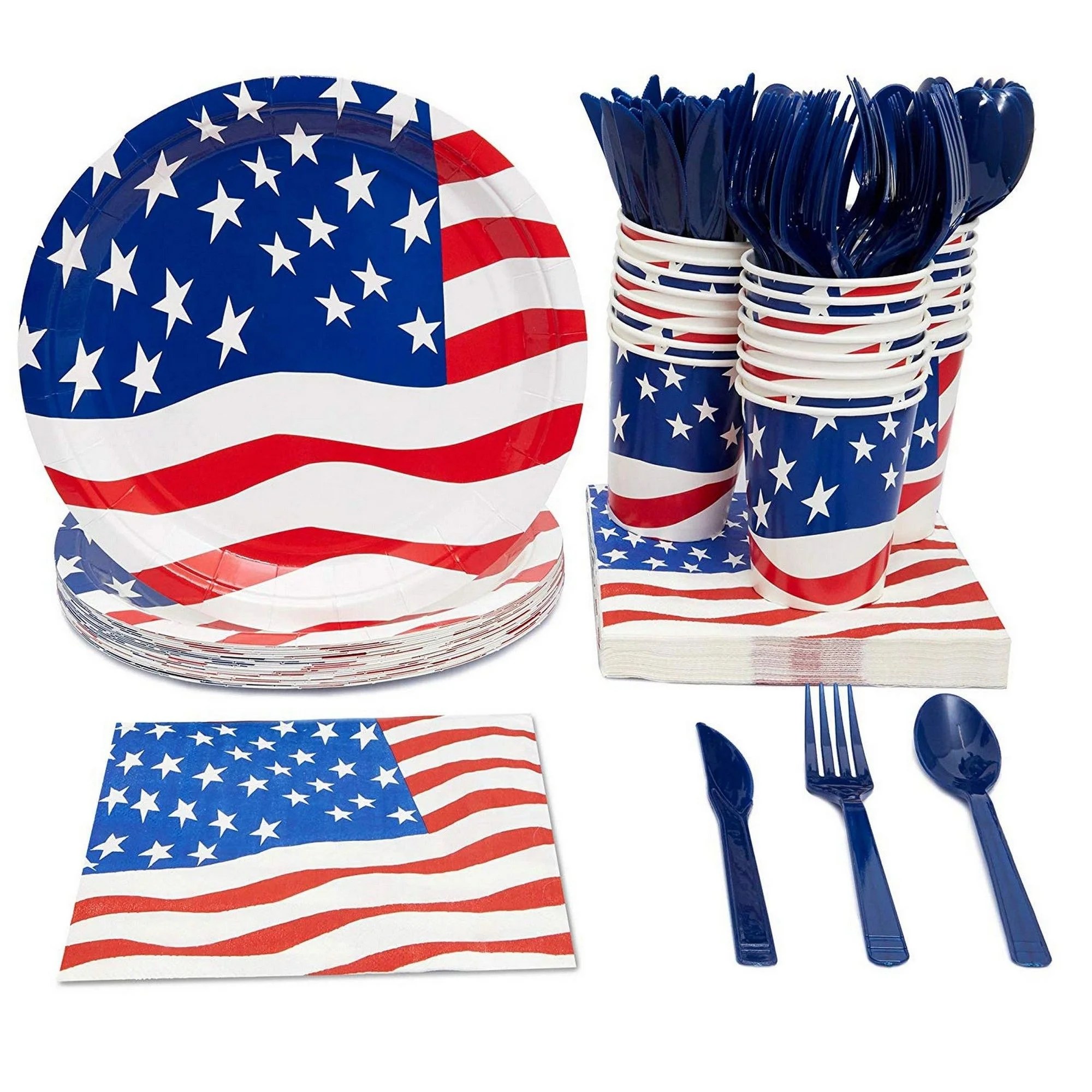 Serves 24 American Flag Party Supplies, 144PCS Plates Napkins Cups