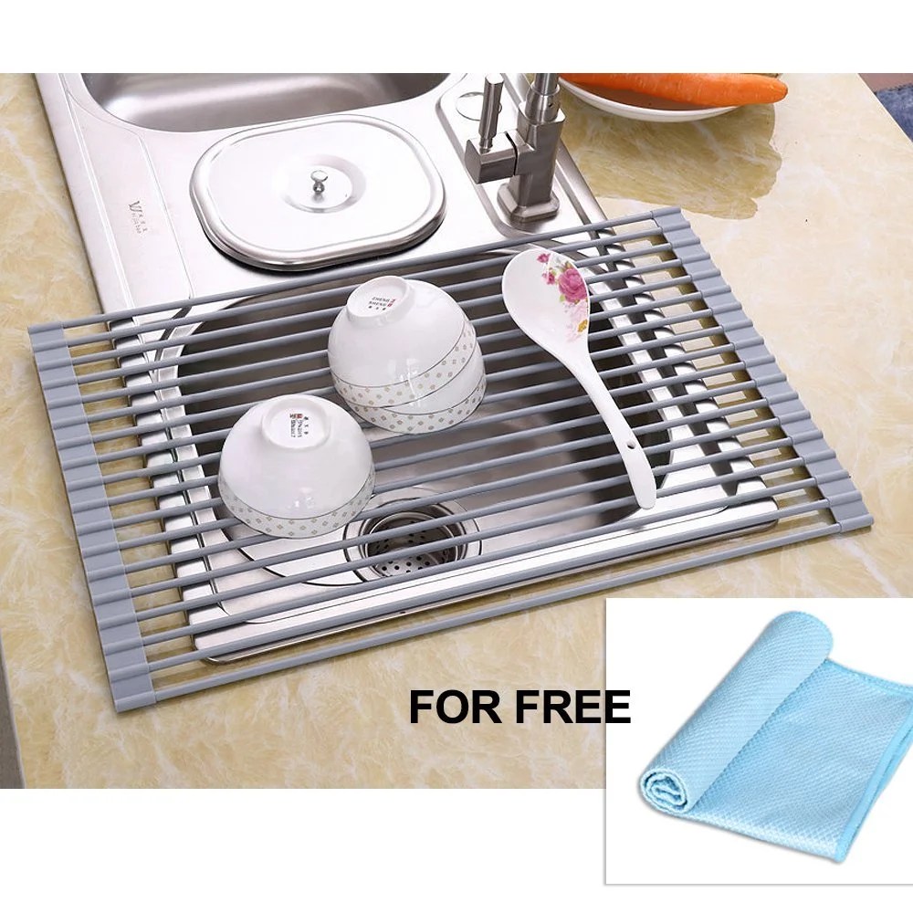 Over the Sink Dish Drying Rack, Foldable Gray Kitchen Drying Mat, Cloth