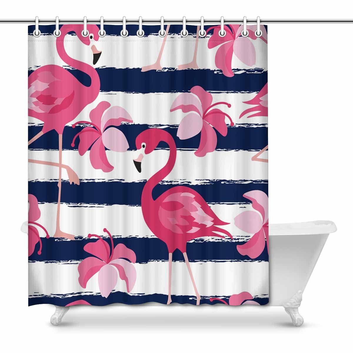POP Stripes and Pink Flamingo Bathroom Shower Curtain Set 66x72 inch