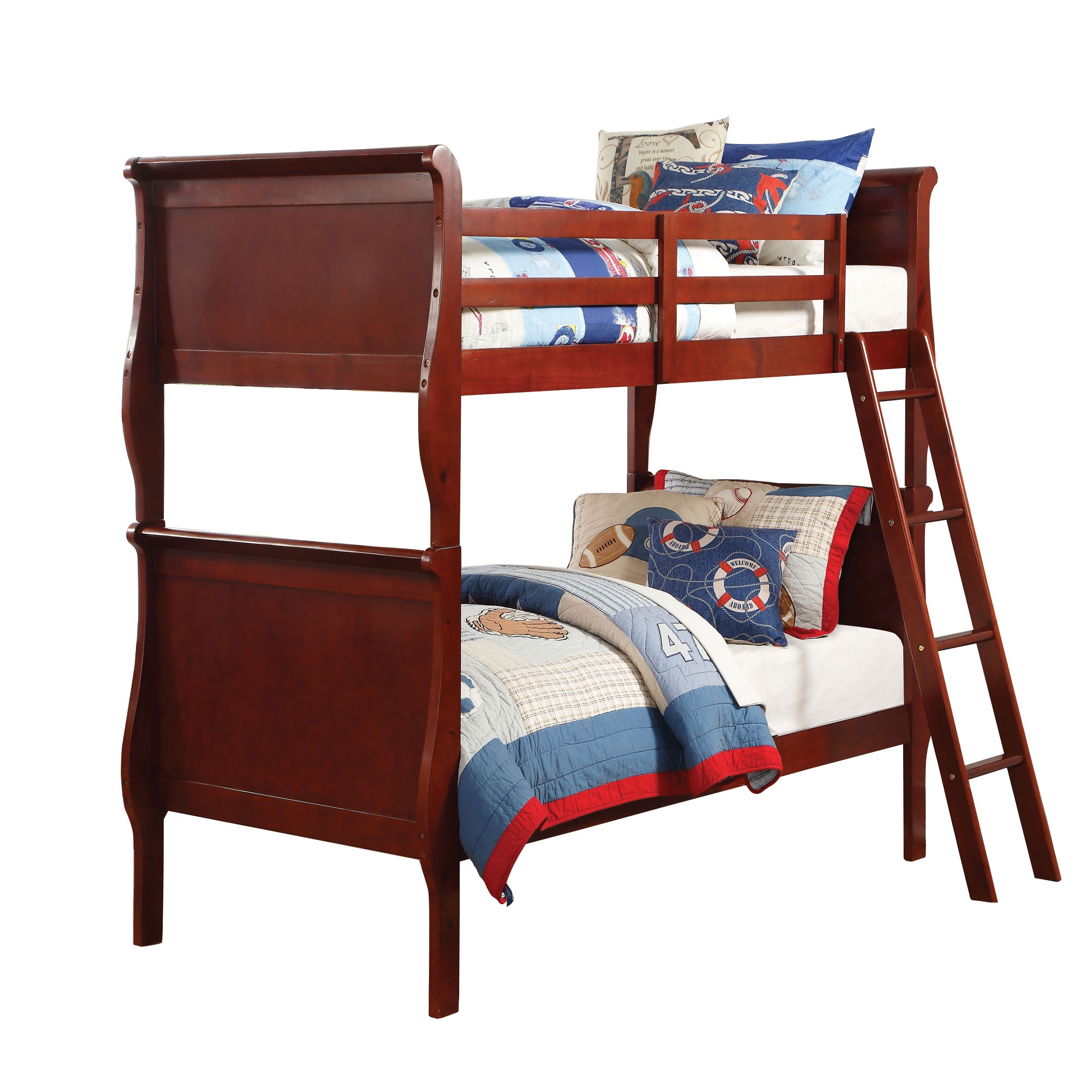 Wooden Twin over Twin Size Bunk Bed in with Guardrail and Ladder,Brown