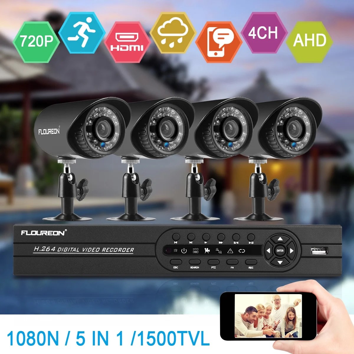 Baby Monitor Security Camera Set, 4CH 1080N AHD DVR + 4 X Outdoor