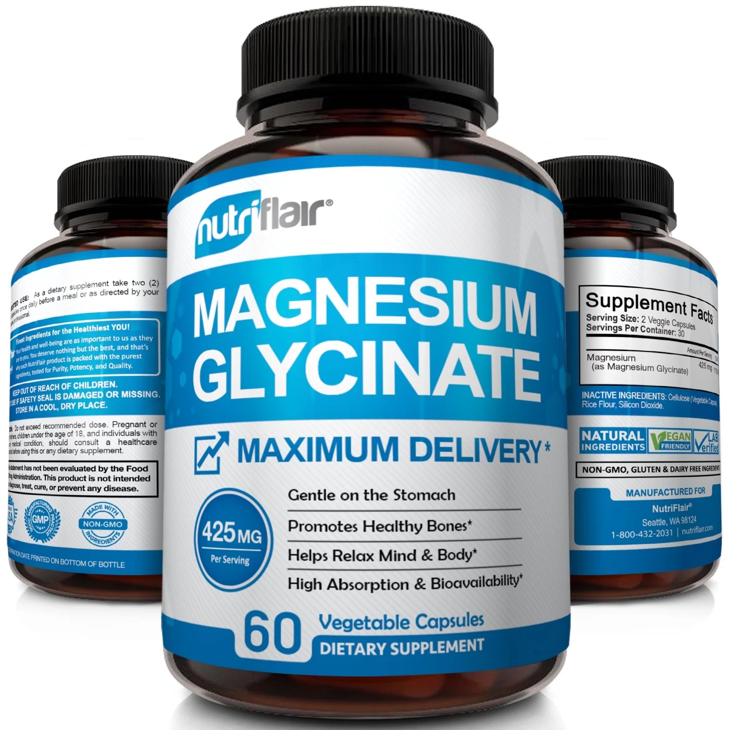 NutriFlair Magnesium Glycinate Supplement 425mg High Potency and