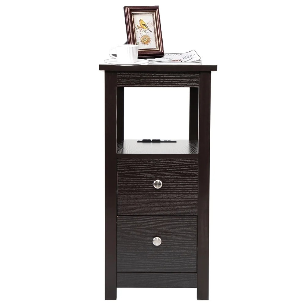 Senbabe 3Tier Side Table Slim Sofa End Table with 2 Drawers and 1 Open Shelf Narrow Space for