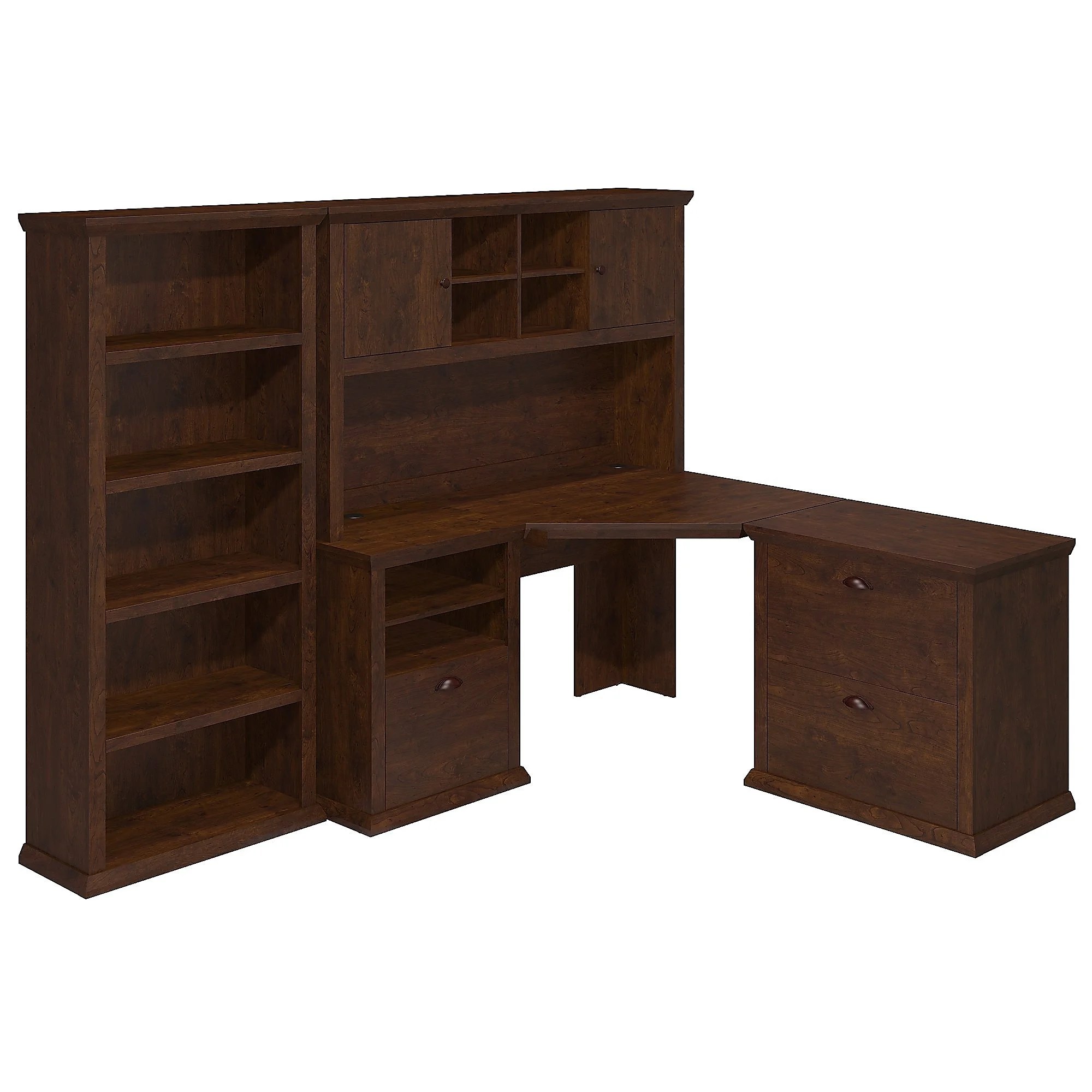 Bush Furniture Corner Desk w/Hutch Lateral File & Bookcase Antique Cherry YRK002ANC