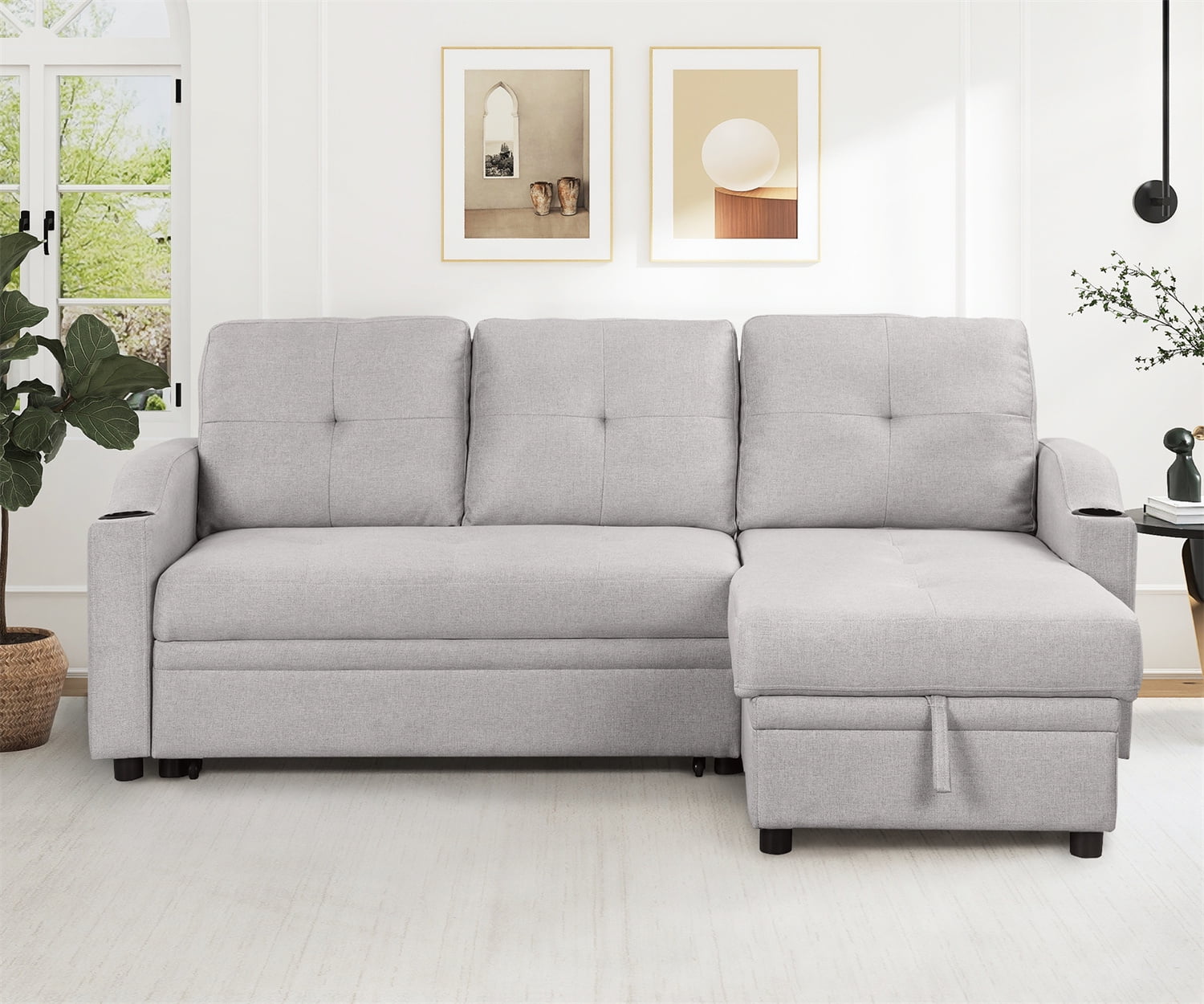 Sleeper Sofa with Pull Out Bed, Modern Linen Fabric Upholstered Sofa