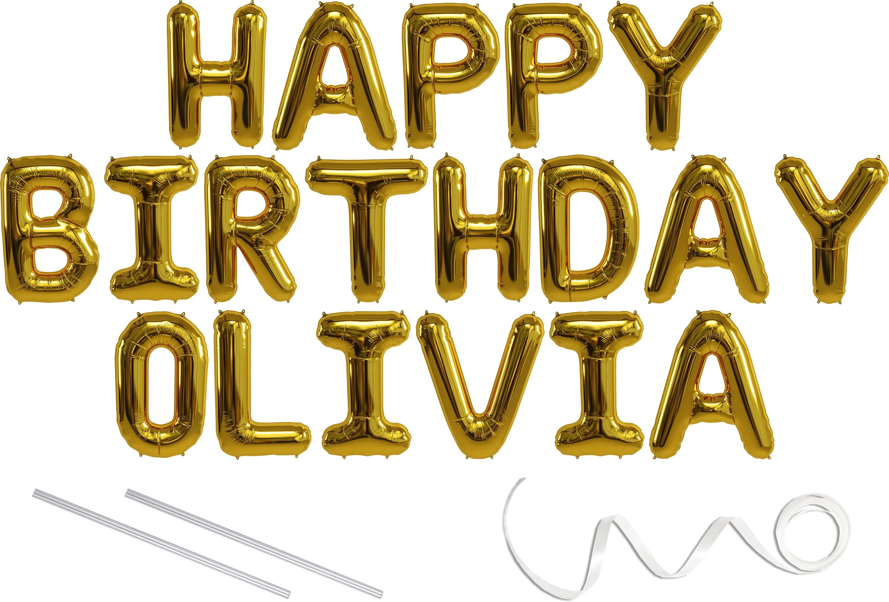 Olivia, Happy Birthday Mylar Balloon Banner Gold 16 inch Letters