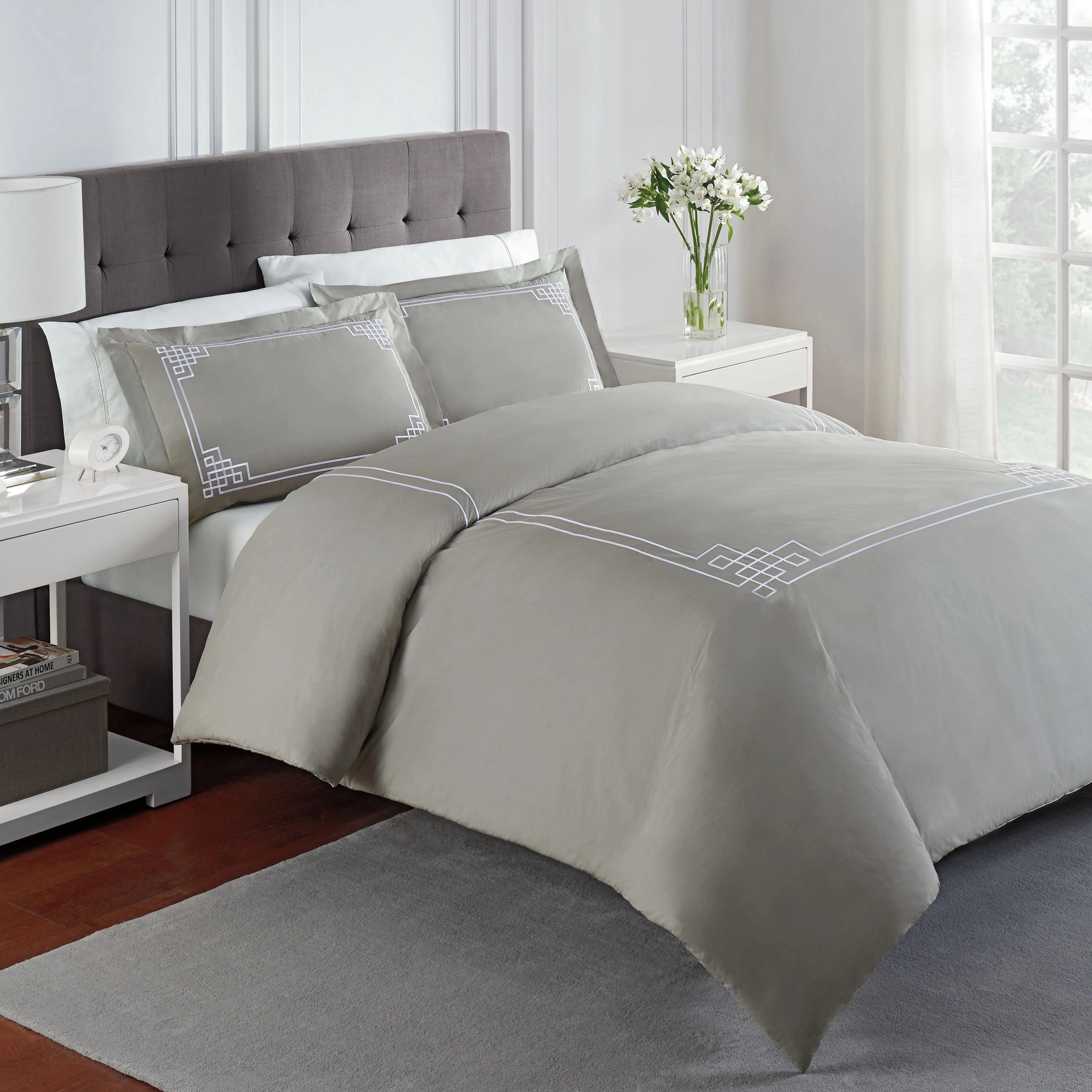 Martex Solid Percale Embroidered Full/Queen Gray Comforter Set