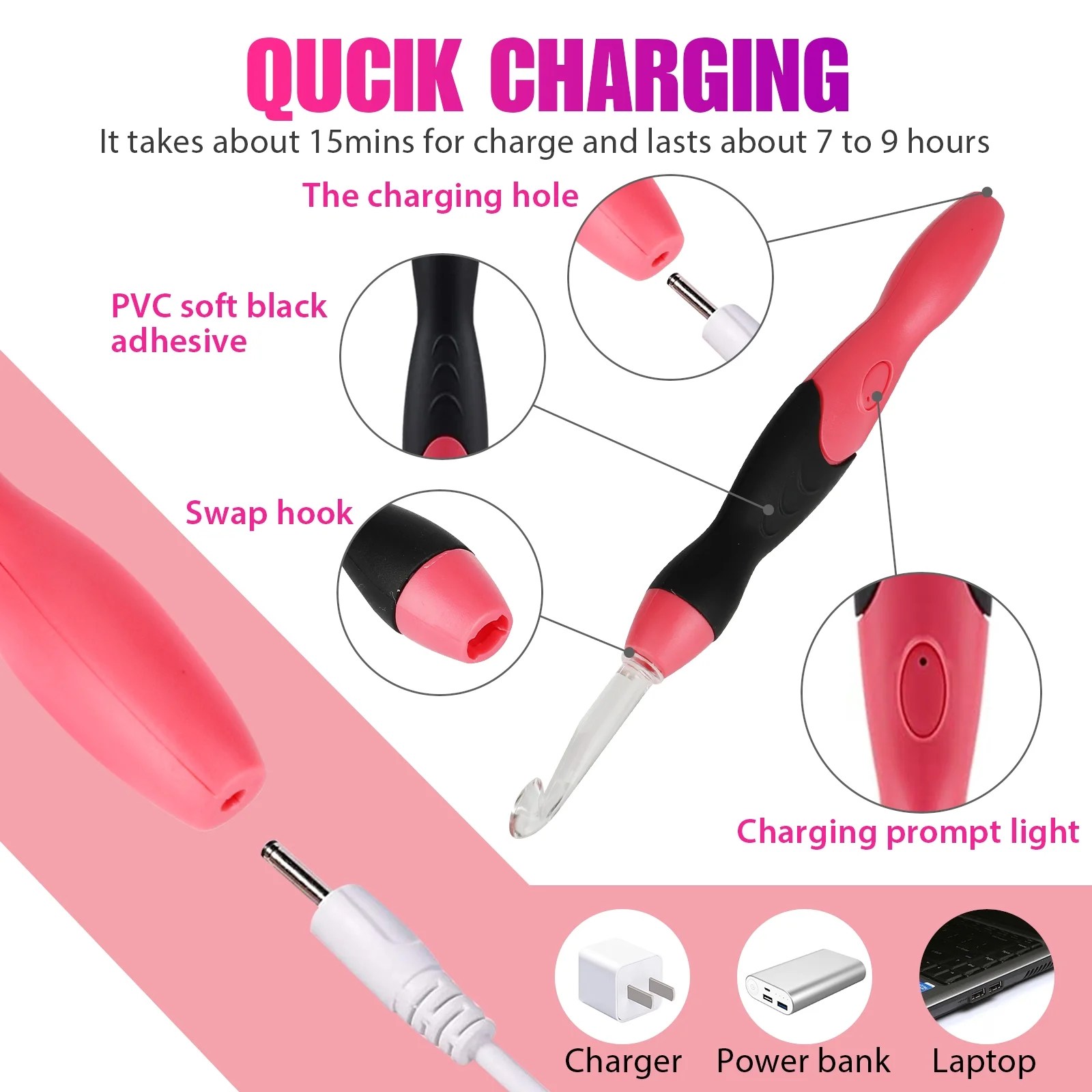 46pcs 9 Sizes Lighted Crochet Hooks Set, Ergonomic Rechargeable LED