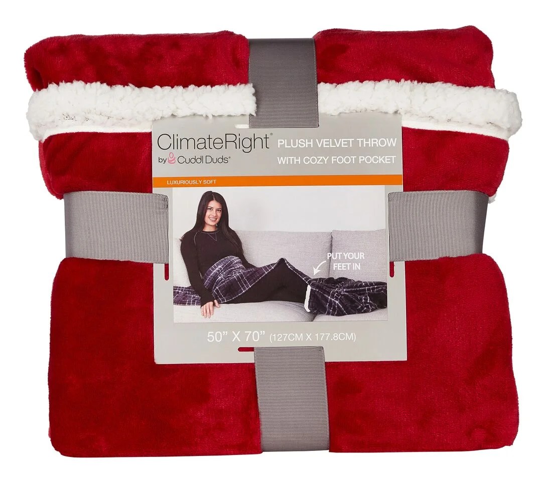 Cuddl Duds Oversized Throw Blanket with a Sherpa Foot Pocket, 50" x 70", Red BrickSeek
